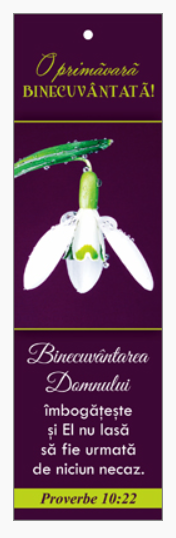 Semn de carte cu panglica mov, text si verset - O primăvară binecuvântată! "Binecuvântarea Domnului îmbogăţeşte şi El nu lasă să fie urmată de niciun necaz." Proverbe 10:22 [04]