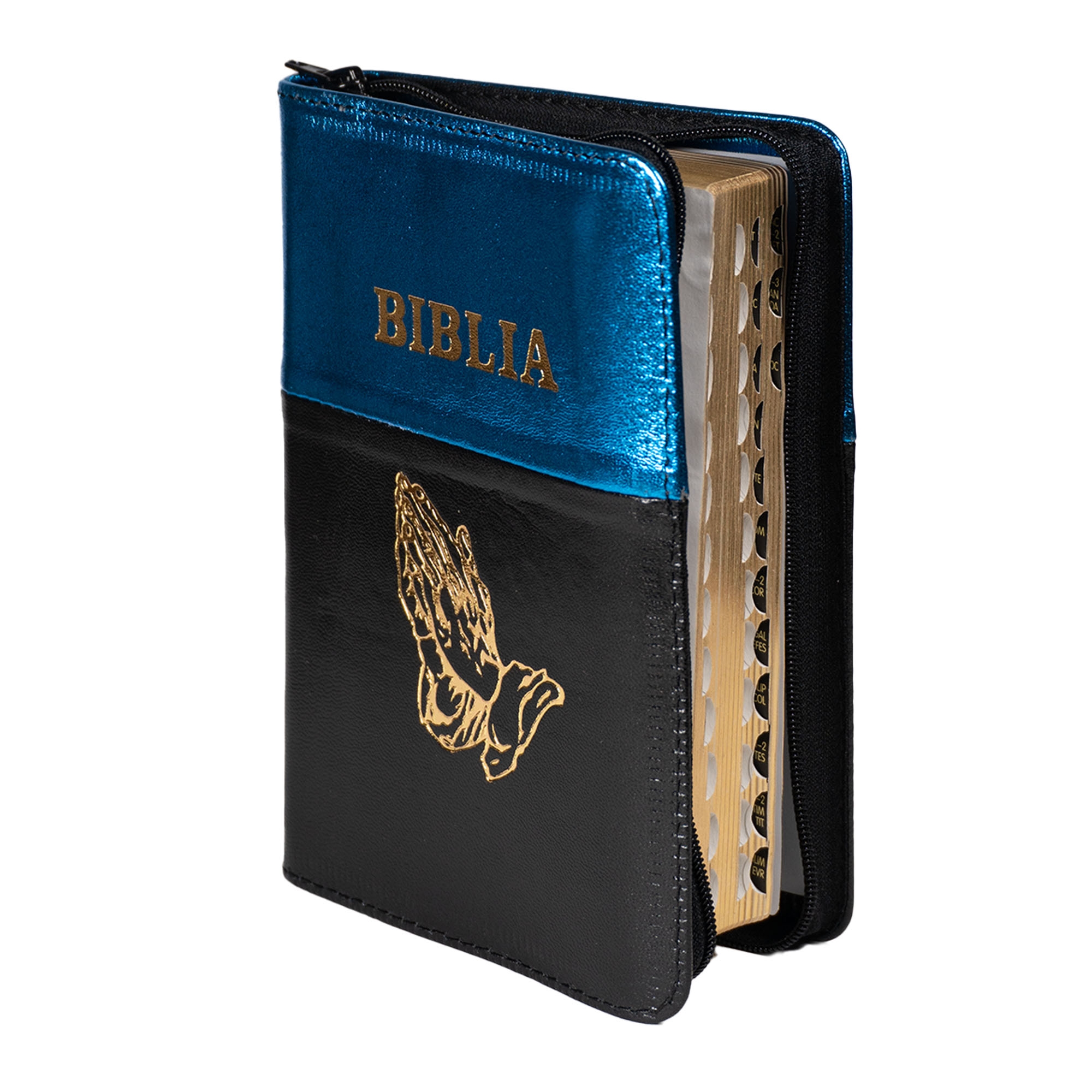 Biblia mica, coperta piele, culoare, albastru sidefat cu negru, index, fermoar, margini aurii,  simbolul maini, cuv. lui Isus in rosu [047 PFI]