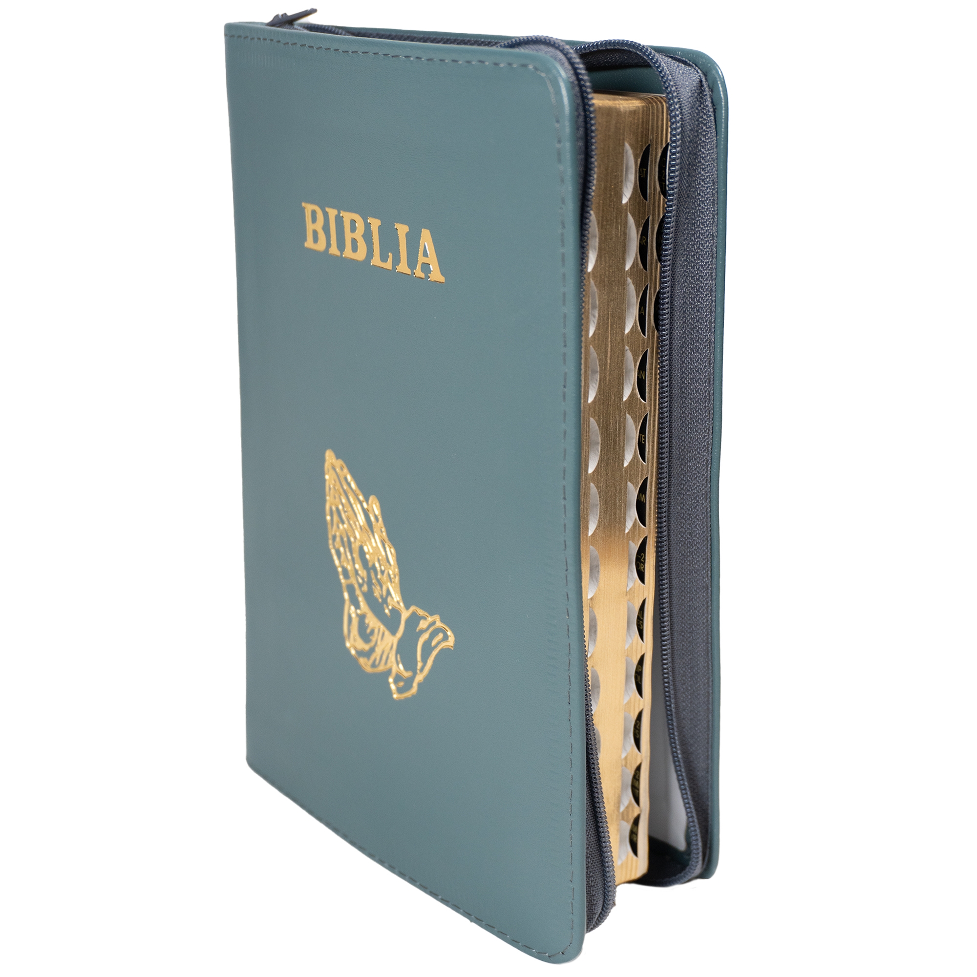 Biblie din piele, marime medie, culoare verde închis , simbol maini in rugaciune, fermoar, index, margini aurii, cuv. lui Isus cu rosu [SB 057 PFI]