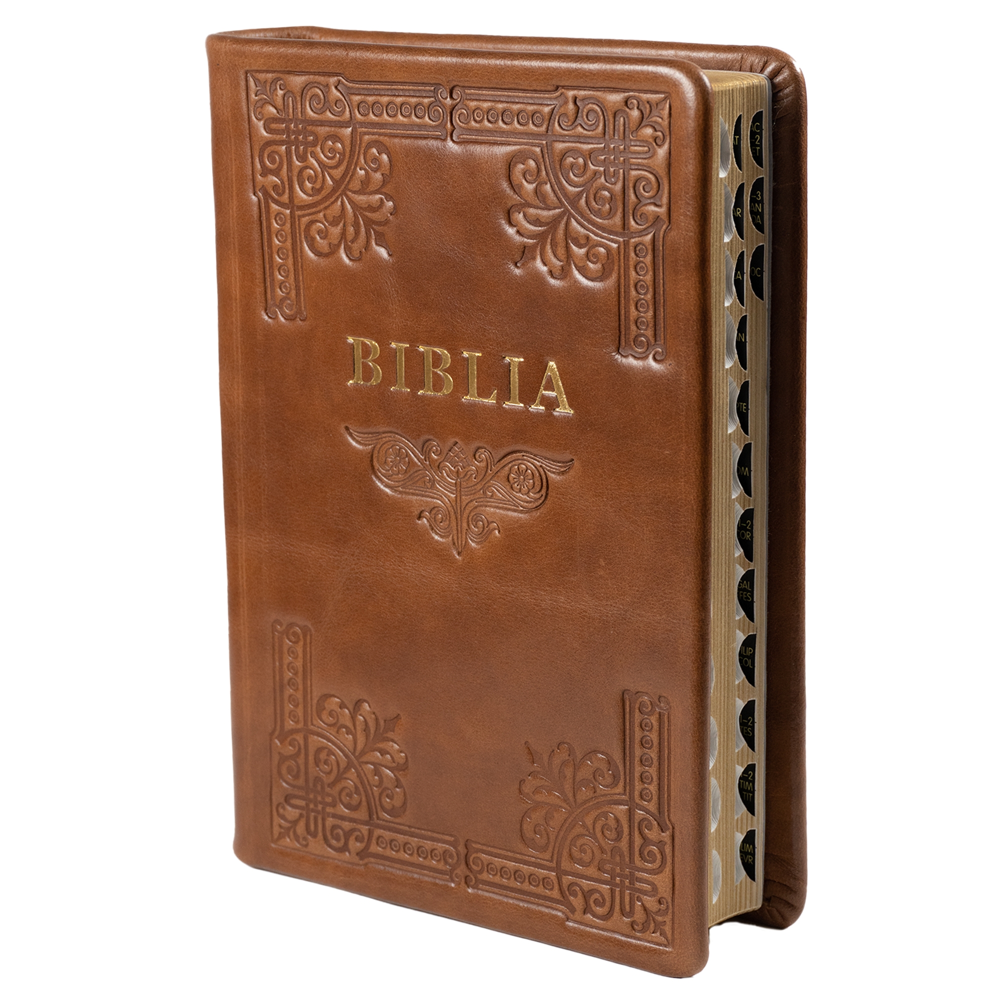 Biblia din piele, handmade, marime medie, culoare maro, margini aurii cu index, cuv. lui Isus cu rosu [057 HM]