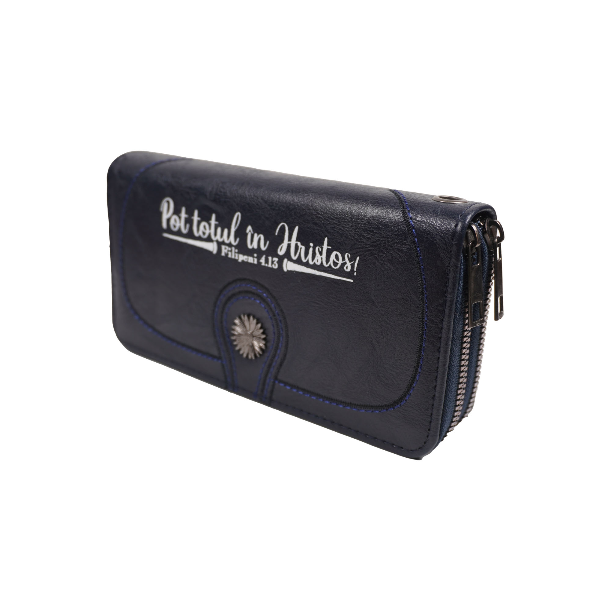 Portofel damă, 2 fermoare, bleumarin, cu imprimeu "Pot totul în Hristos!"