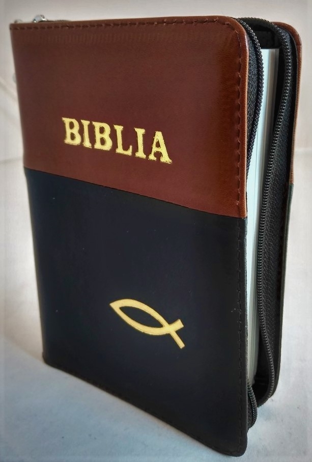 Biblie din piele, mica,maro cu maro inchis, fermoar, margini albe,simbol peste, cuv. lui Isus in rosu [043 PF]