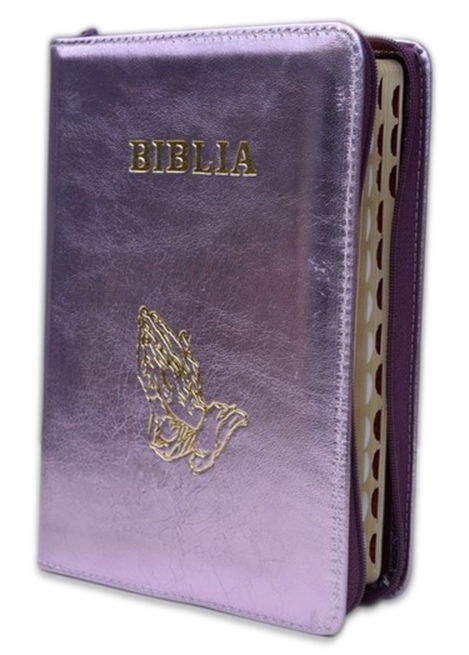 Biblia format mic, din piele, culoare mov sidefat, index, fermoar, simbol maini, margini argintii, cuv. lui Isus in rosu [047 PFI]