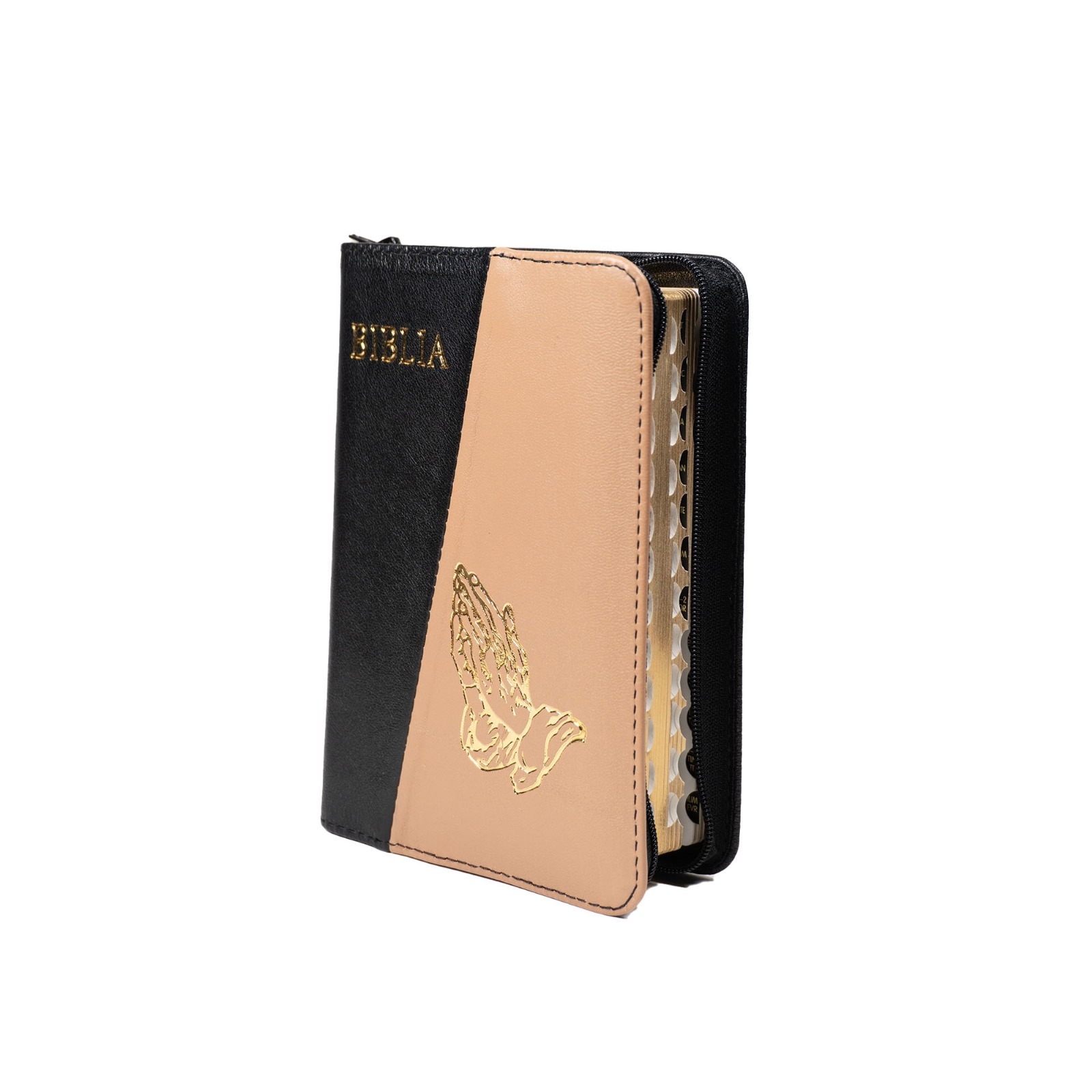 Biblia mica, coperta piele, culoare, negru cu maro, index, fermoar, margini aurii,  simbolul maini, cuv. lui Isus in rosu [047 PFI]