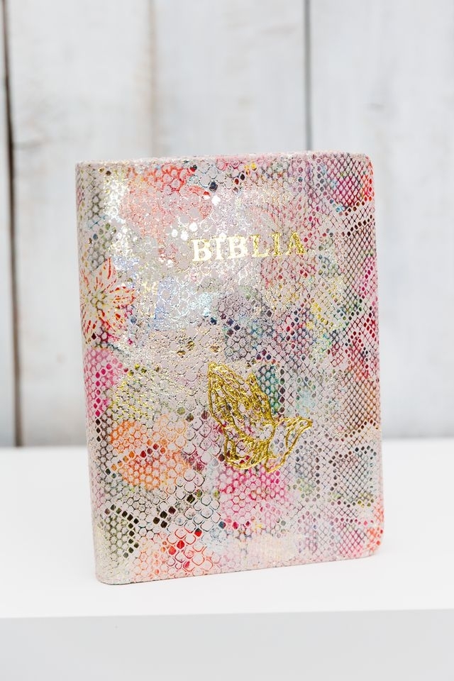 Biblia mica, piele, roz cu nuanțe auriu, index, fermoar, margini aurii,  simbolul maini, cuv. lui Isus in rosu [047 PFI]