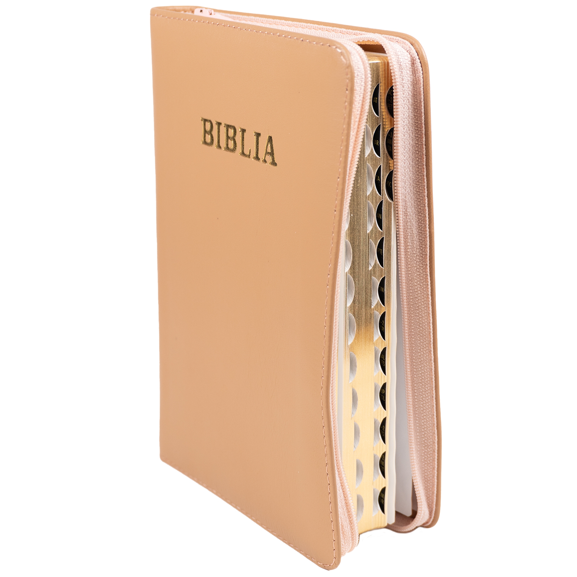 Biblie din piele, marime medie, maro, fermoar, index, margini aurii, cuv. lui Isus cu rosu [SB 057 PFI]