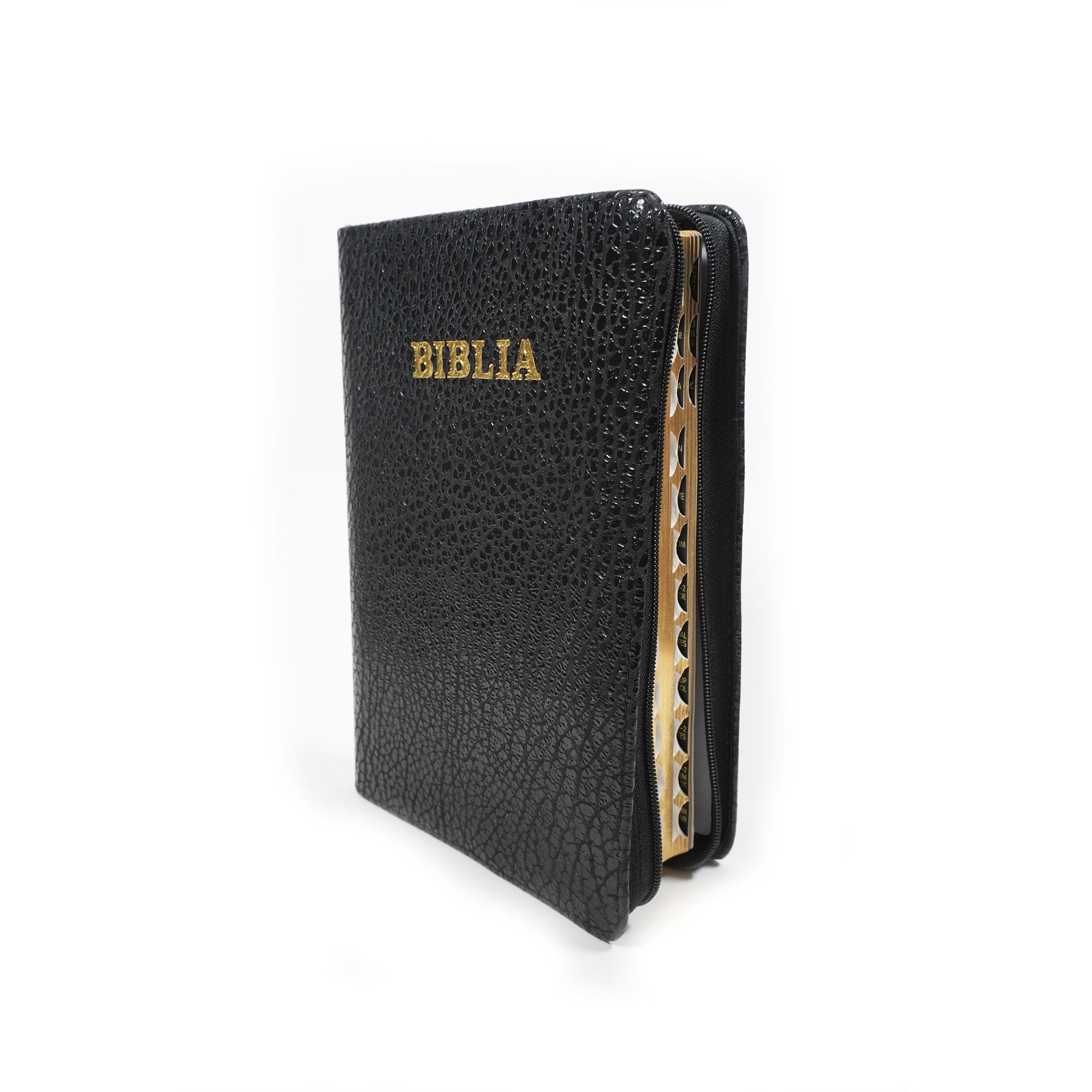 Biblie din piele, marime medie, culoare, negru glazurat, fermoar, index, margini aurii, cuv. lui Isus cu rosu [SB 057 PFI]