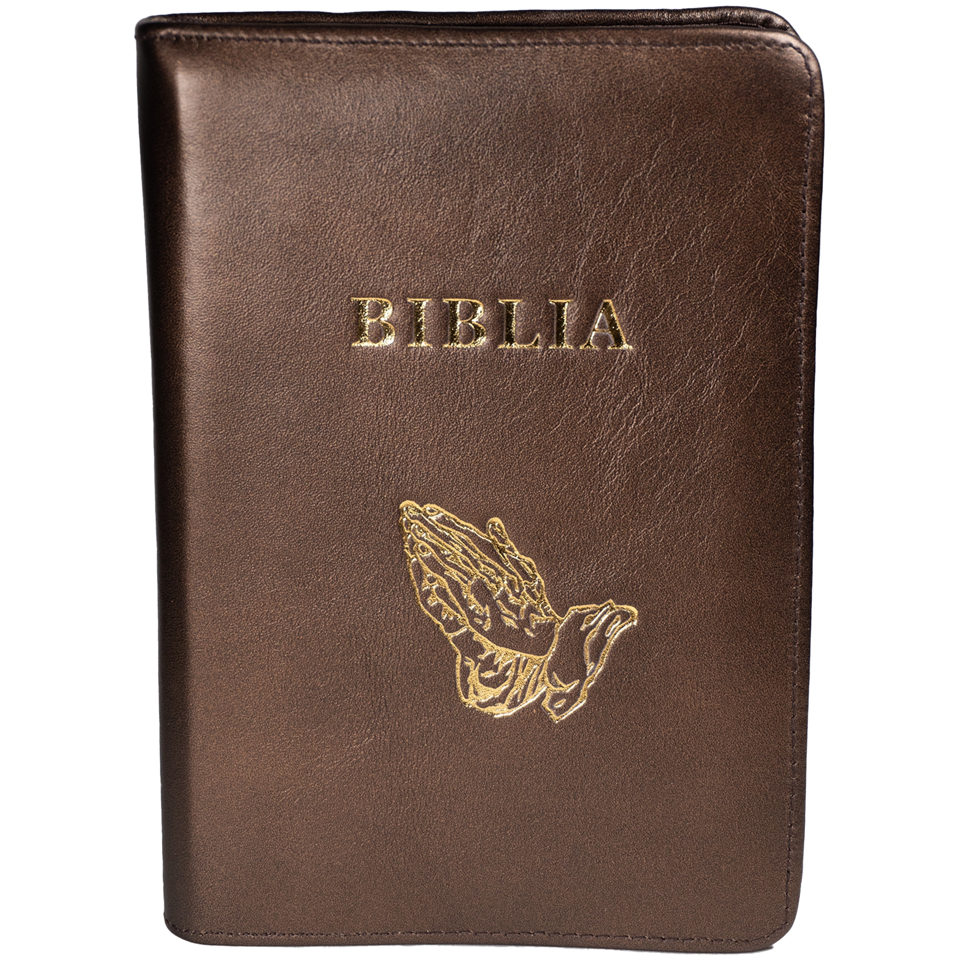 Biblie din piele, marime medie, culoare, bronz sidefat,  fermoar, margini albe, simbol maini in rugaciune, cuv. lui Isus cu rosu [053]
