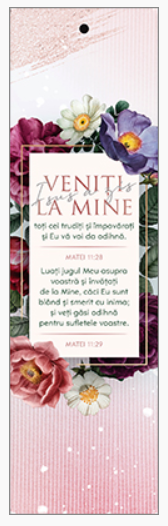 Semn de carte cu panglica roz pal -  Verset :  Isus a zis: "Veniţi la Mine, toţi cei trudiţi şi împovăraţi, şi Eu vă voi da odihnă. Luaţi jugul Meu asupra voastră şi învăţaţi de la Mine..." Matei 11:28-29 [45]