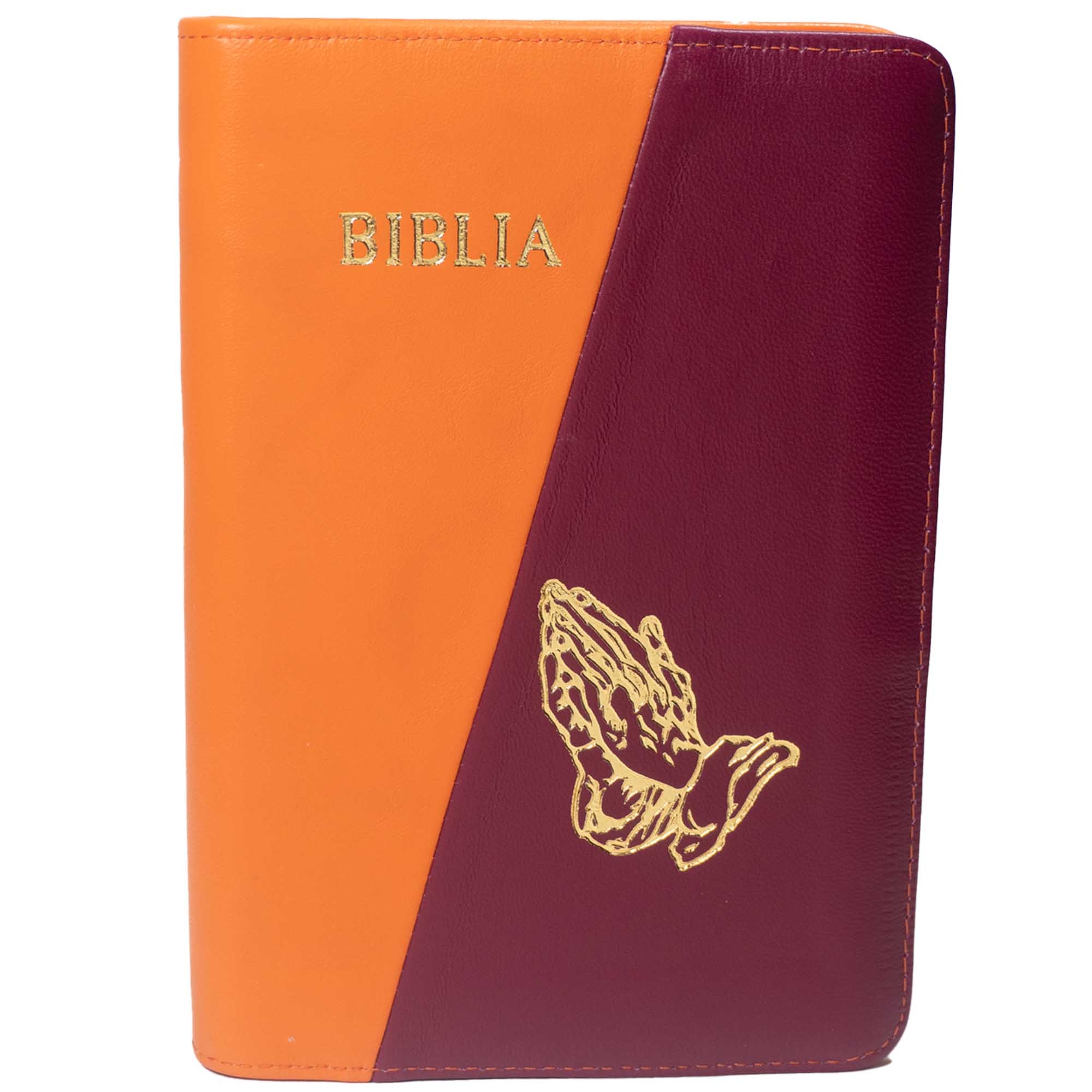 Biblie din piele, marime medie, culoare portocaliu cu vișiniu, simbol maini in rugaciune, fermoar, index, margini aurii, cuv. lui Isus cu rosu [SB 057 PFI]