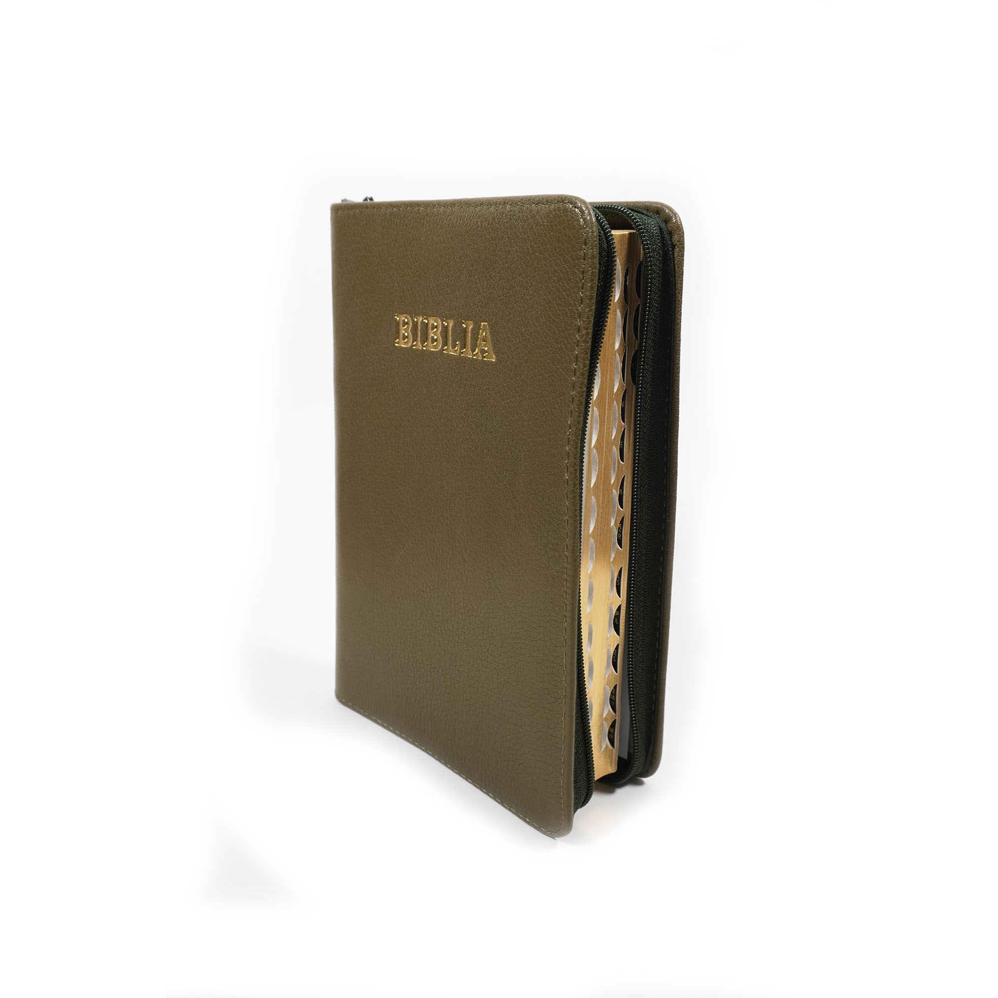 Biblie din piele, marime medie, culoare, verde oliv, fermoar, index, margini aurii, cuv. lui Isus cu rosu [SB 057 PFI]