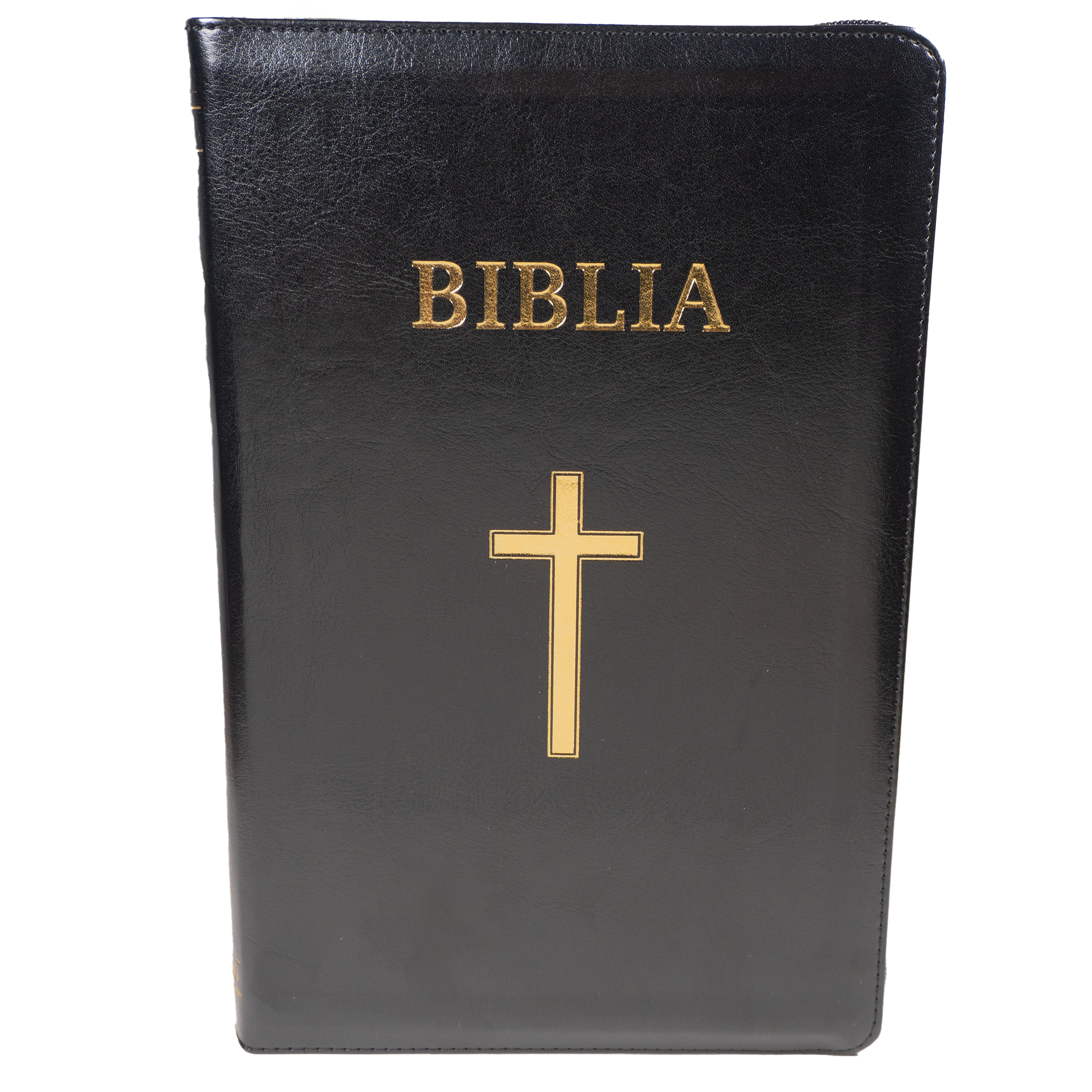 Biblie mare, piele ecologica, neagră, fermoar, index, margini aurii, cu cruce,cuv. Isus cu rosu [SI 076 ZTI] - Ediție centenară