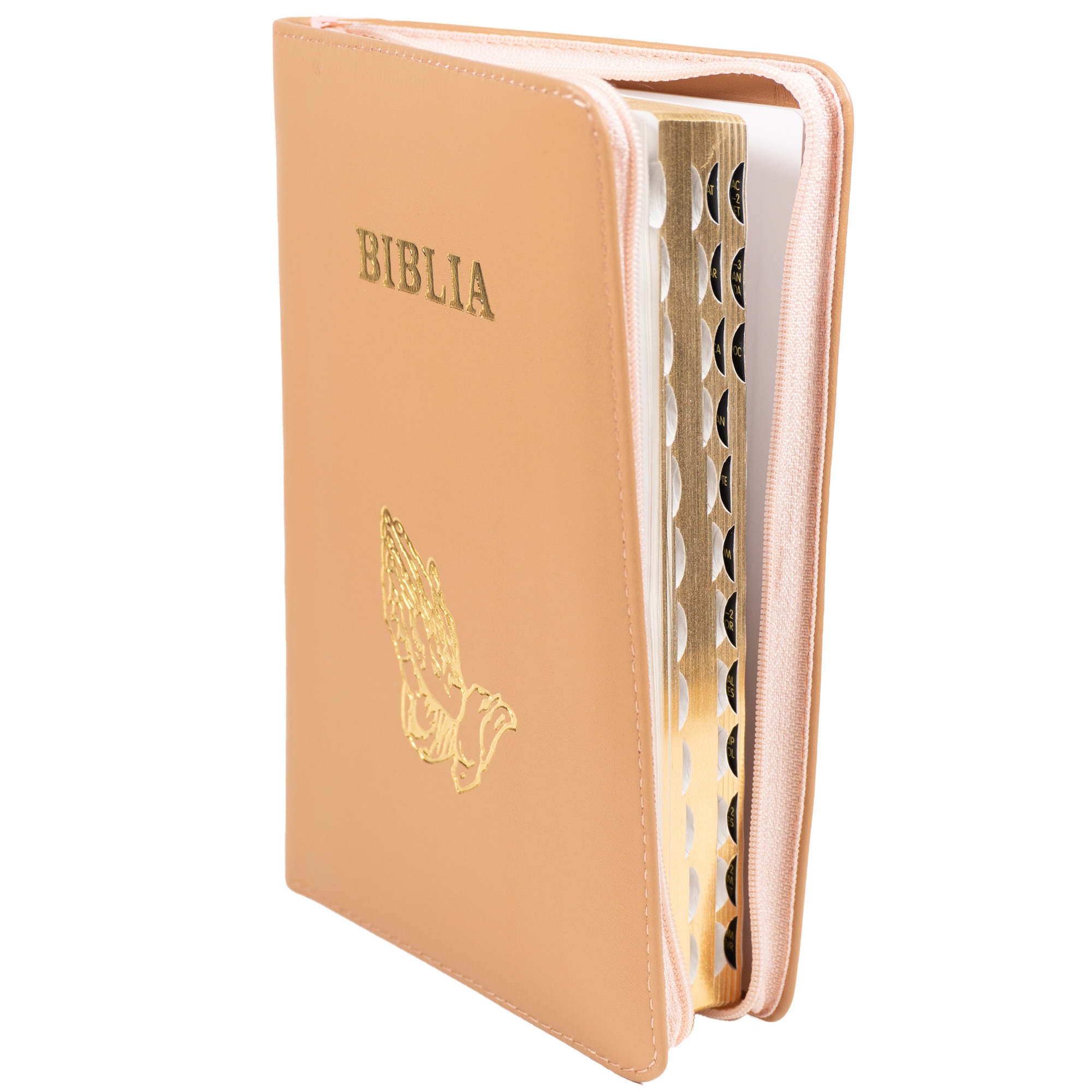 Biblie din piele, marime medie, culoare, bej, simbol maini in rugaciune, fermoar, index, margini aurii, cuv. lui Isus cu rosu [SB 057 PFI]