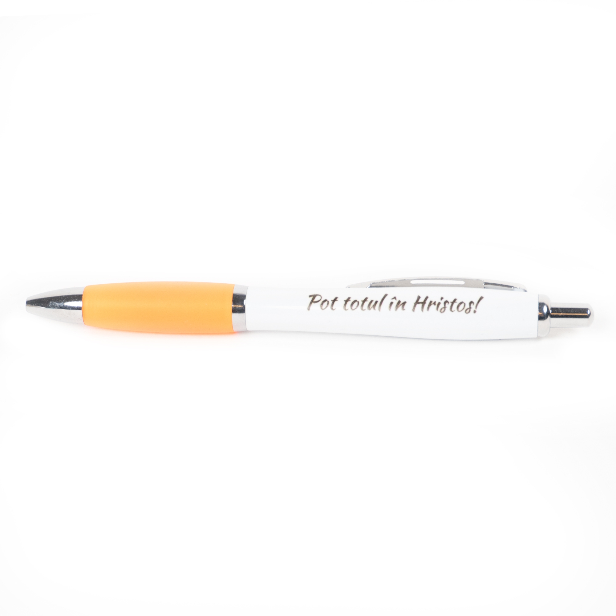 Pix cu mesaj crestin - Pot totul în Hristos!  (alb-portocaliu) Pix cu mesaj crestin - Pot totul în Hristos!  (alb-portocaliu)