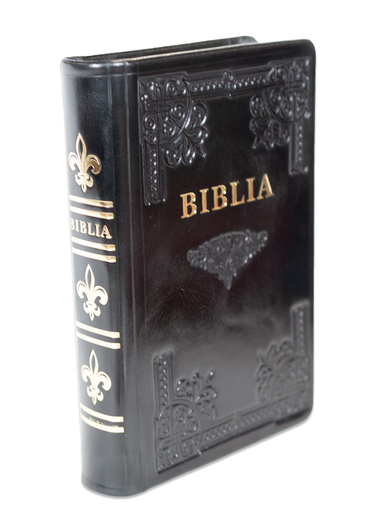 [ANTICARIAT] Biblia din piele, handmade, marime medie, culoare neagra, margini aurii cu index, cuv. lui Isus cu rosu [057 HM]   (Produs cu defect)