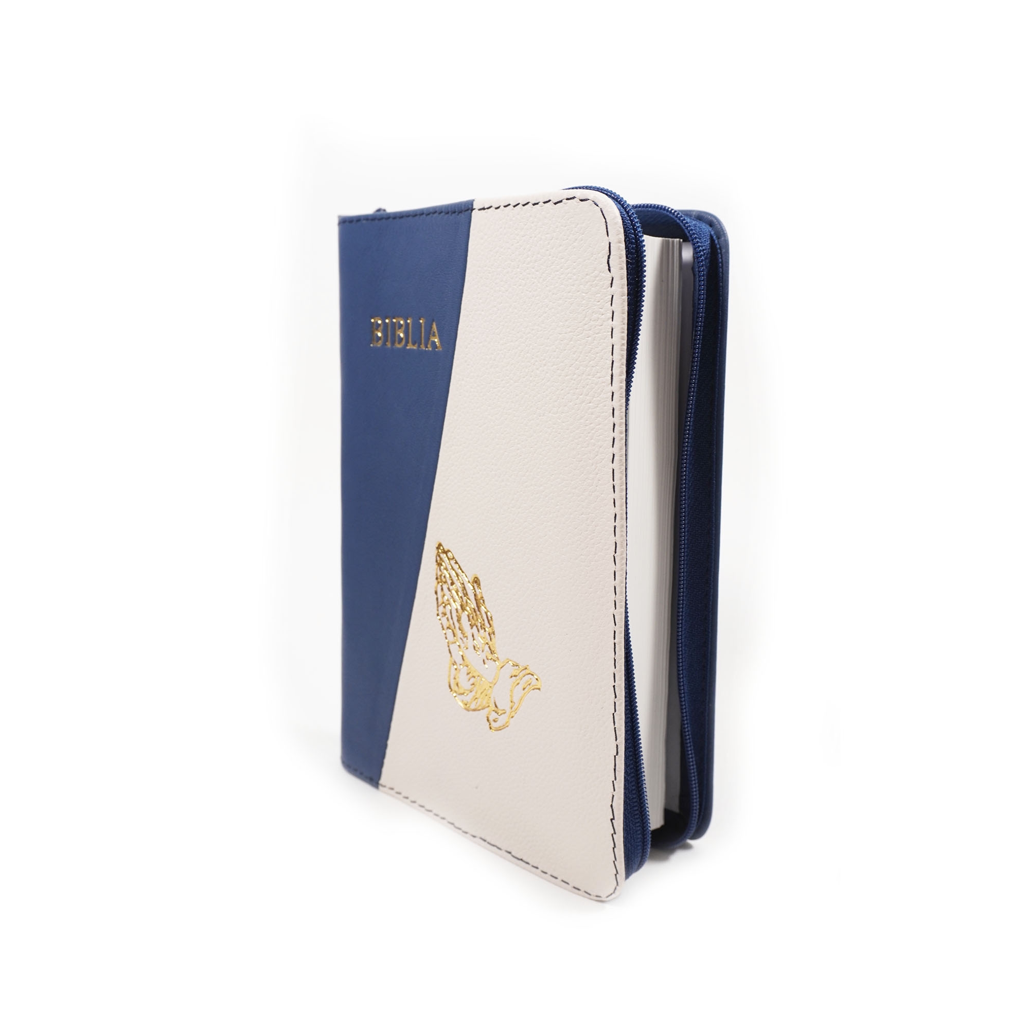 Biblie din piele, marime medie, culoare, albastru cu crem, fermoar, margini albe, simbol maini in rugaciune, cuv. lui Isus cu rosu [053]