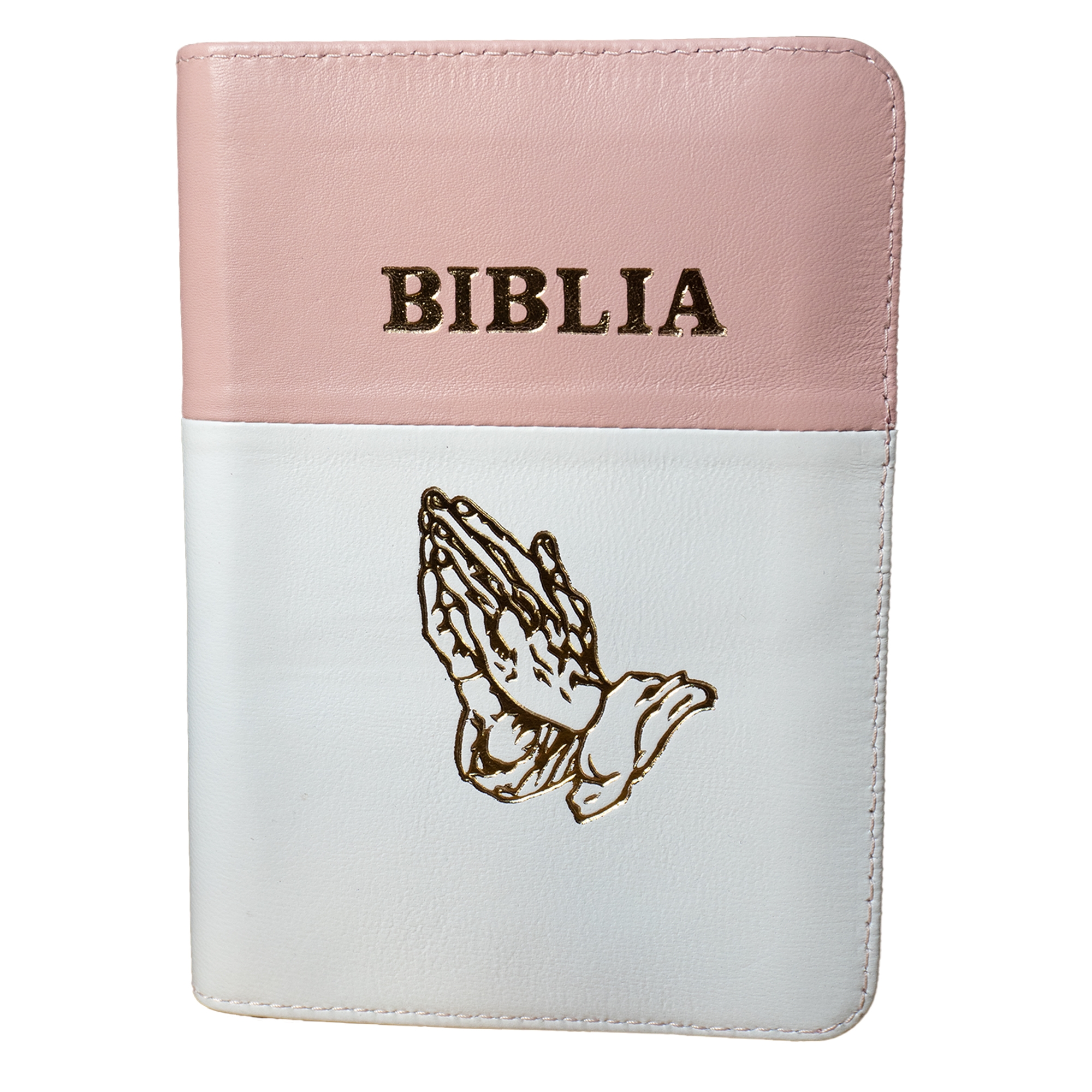 Biblia mica, coperta piele, culoare, roz cu alb, index, fermoar, margini aurii,  simbolul maini, cuv. lui Isus in rosu [047 PFI]