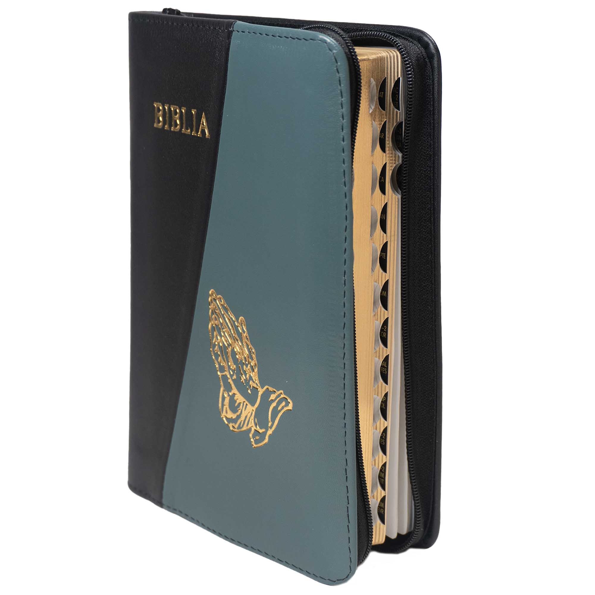 Biblie din piele, marime medie, culoare negru  verde închis , simbol maini in rugaciune, fermoar, index, margini aurii, cuv. lui Isus cu rosu [SB 057 PFI]