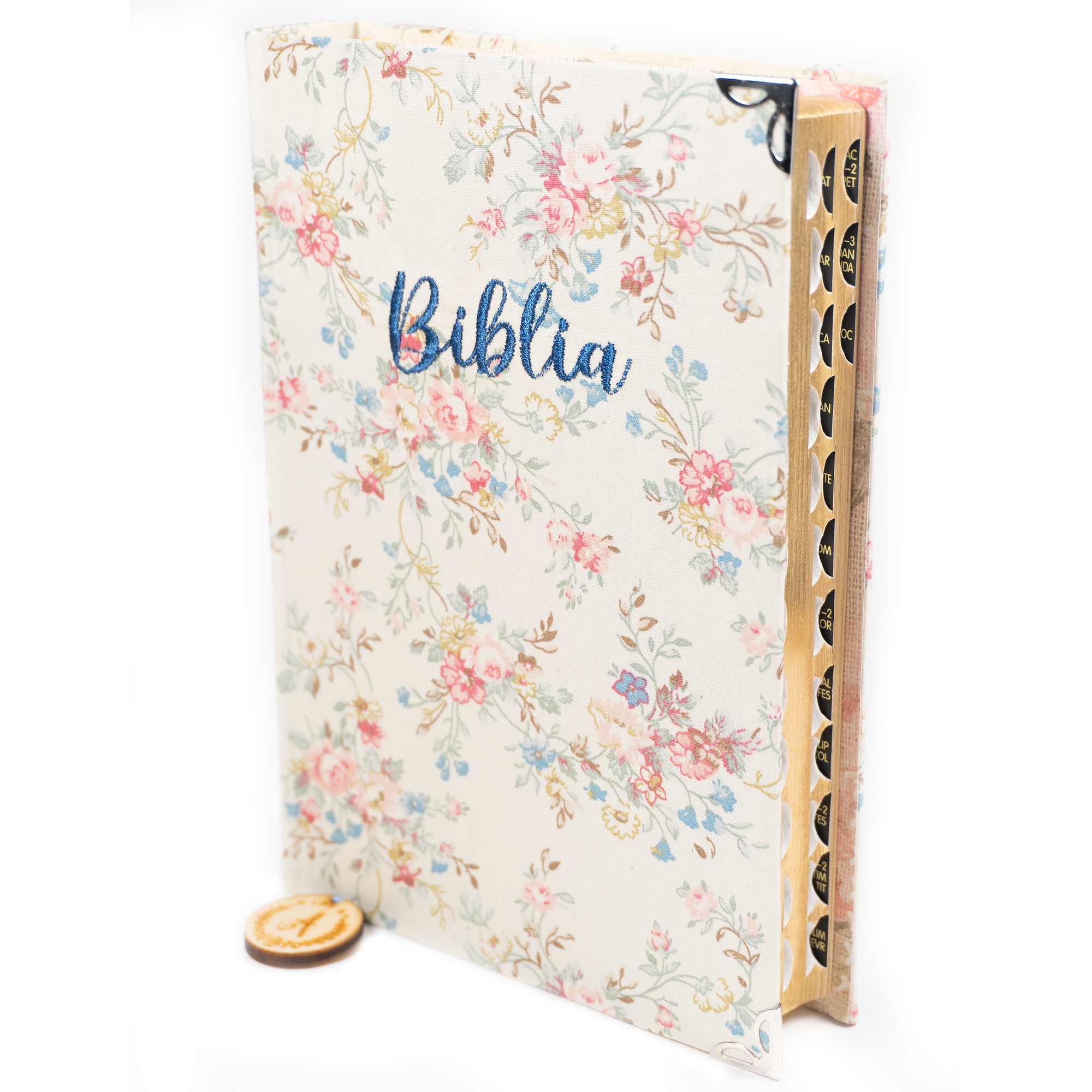 Biblia handmade, model 114, marime medie, coperta tare textila, margini aurii, index, cuv. lui Isus cu rosu [SI 057 HM]