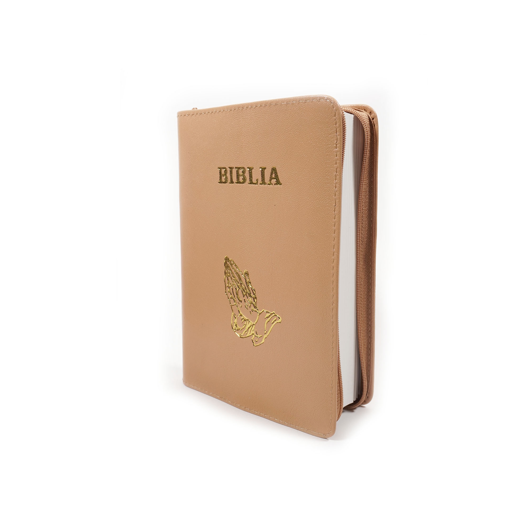 Biblie din piele, marime medie, culoare, bej, fermoar, margini albe, simbol maini in rugaciune, cuv. lui Isus cu rosu [053]