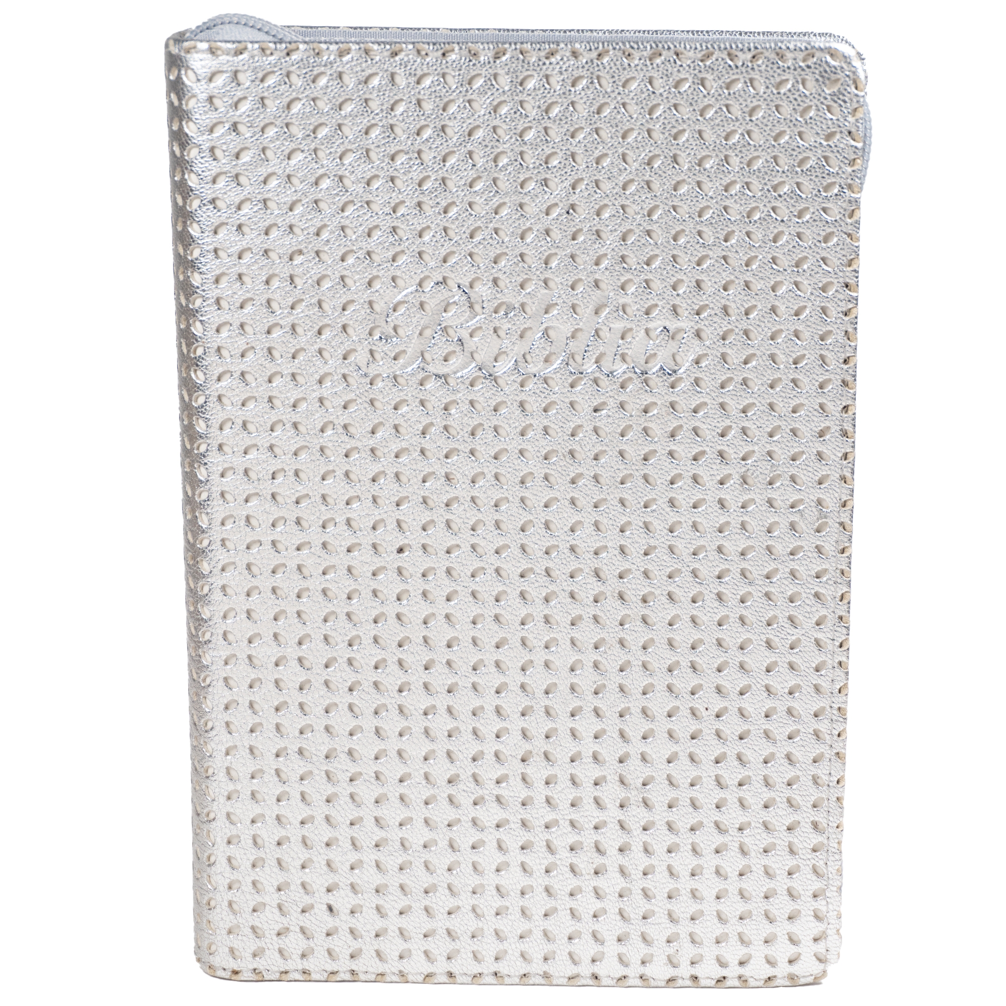 Biblia marime medie, argintiu texturat, piele, fermoar, margini aurii, index, cuv. lui Isus cu rosu [MAR 057 PFI]