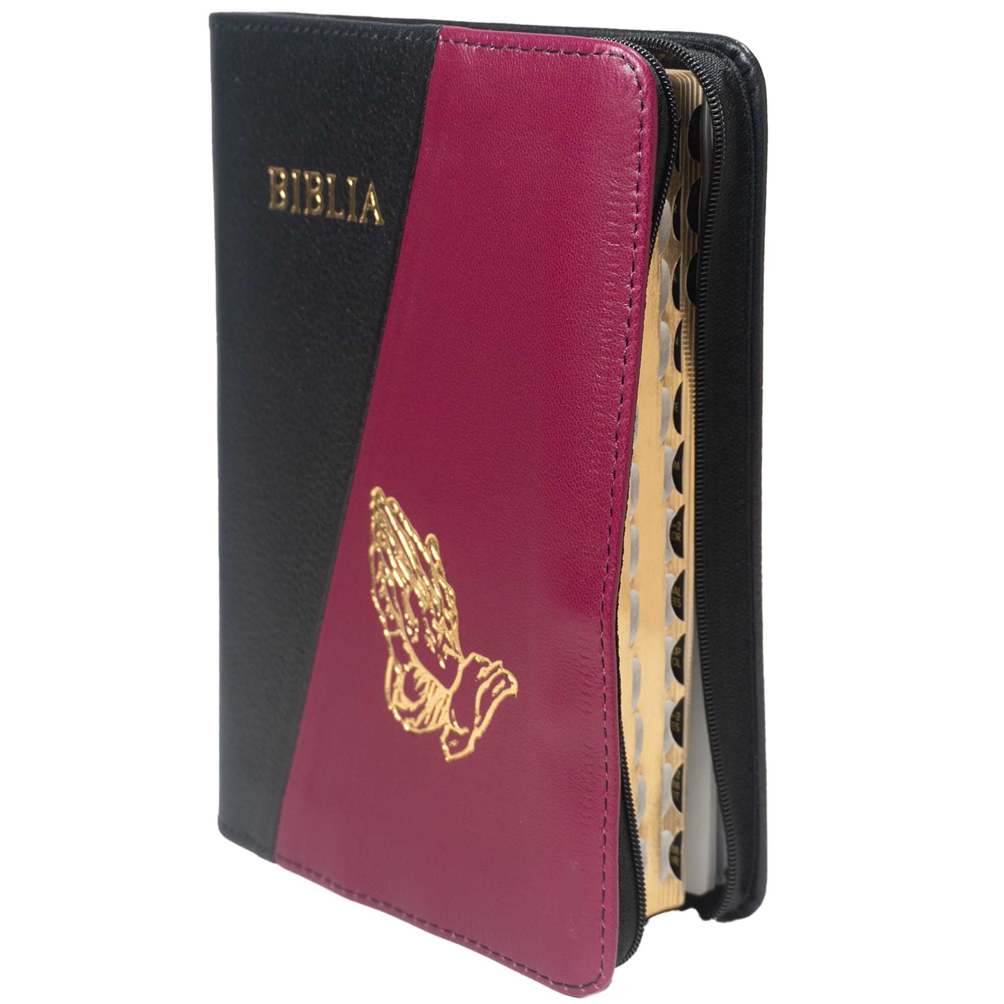 Biblie din piele, marime medie, culoare negru cu magenta închis, simbol maini in rugaciune, fermoar, index, margini aurii, cuv. lui Isus cu rosu [SB 057 PFI]