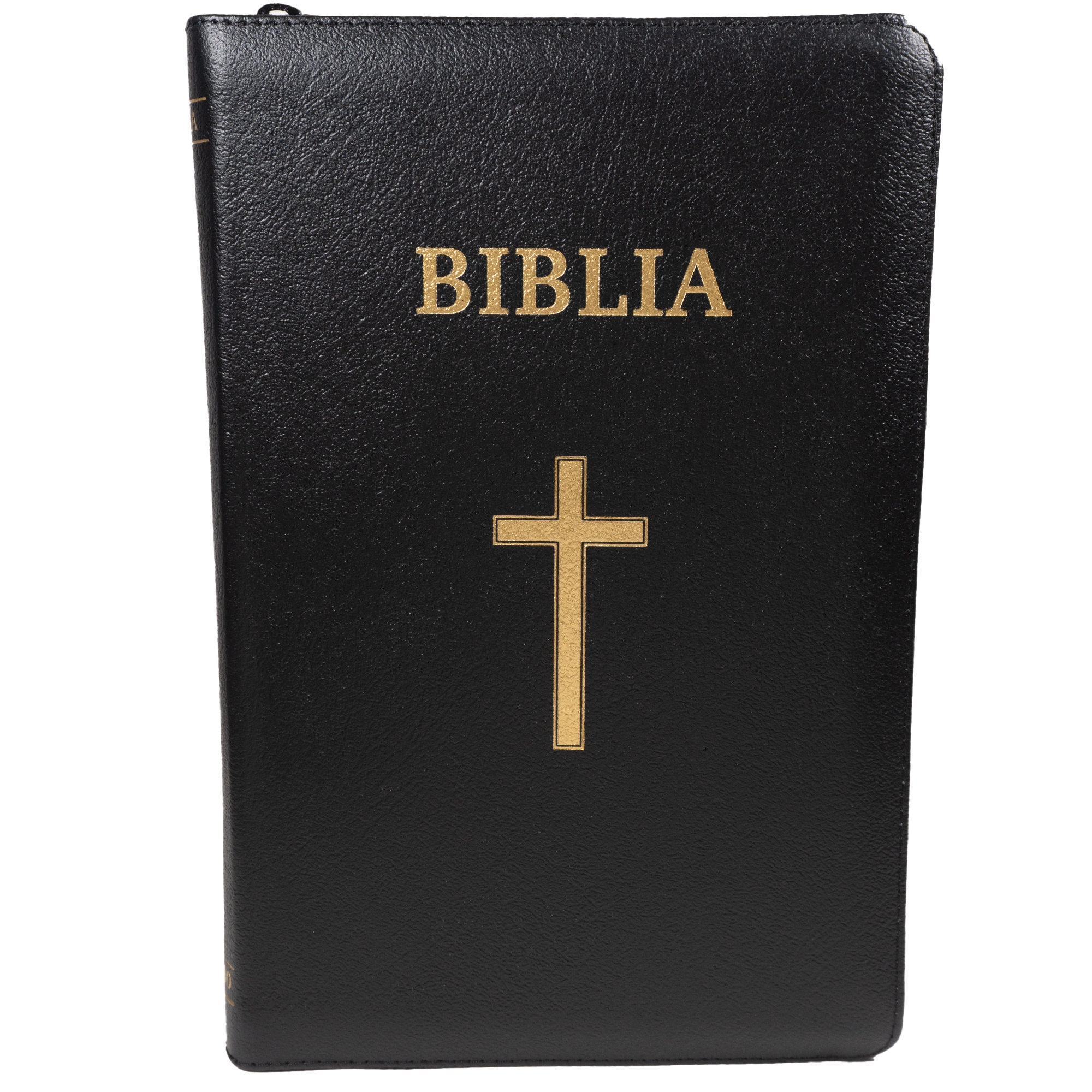Biblie mare, piele naturală, neagră, fermoar, index, margini aurii, cu cruce,cuv. Isus cu rosu [SI 076 ZTI] - Ediție centenară