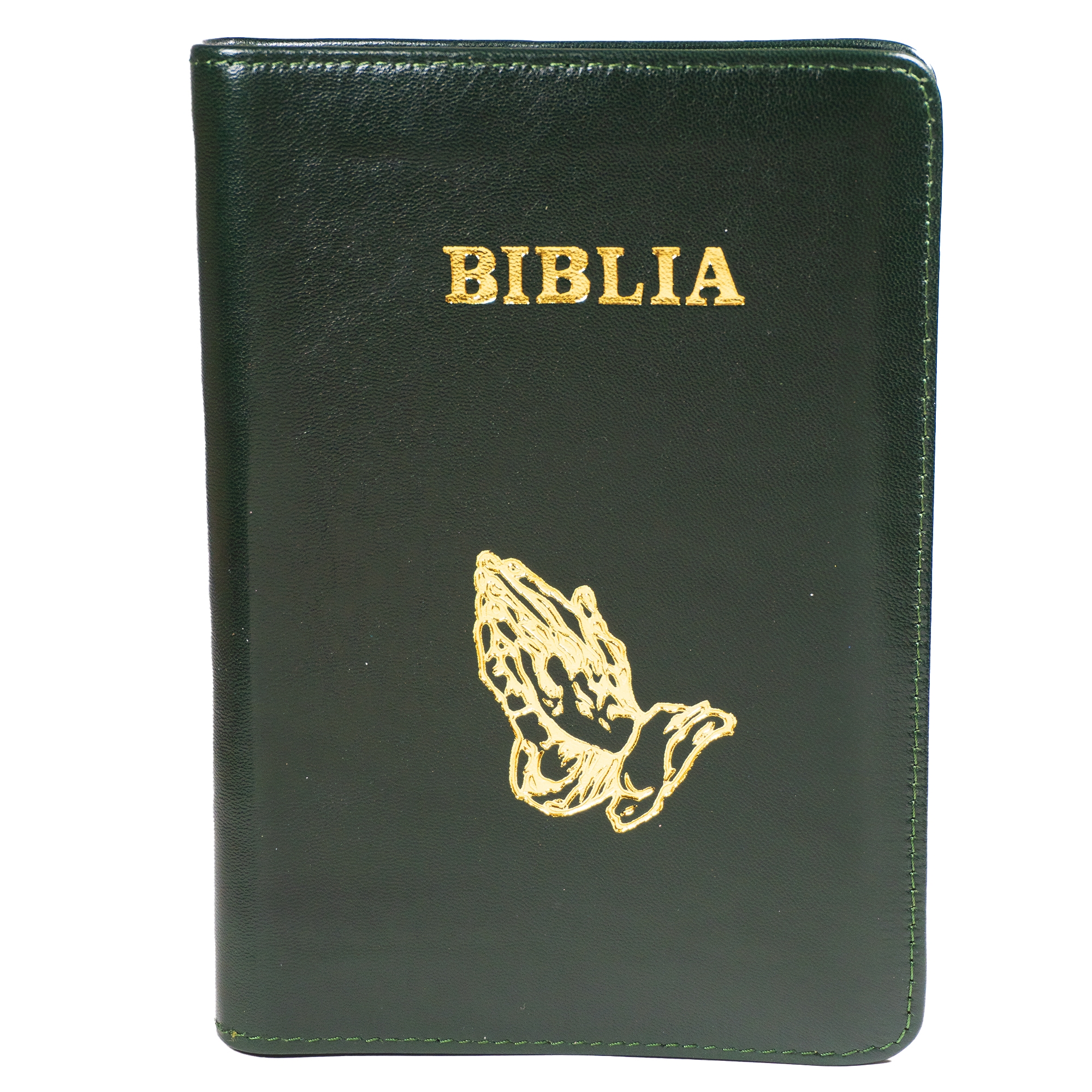 Biblie din piele, marime medie, culoare, verde,  fermoar, margini albe, simbol maini in rugaciune, cuv. lui Isus cu rosu [053]