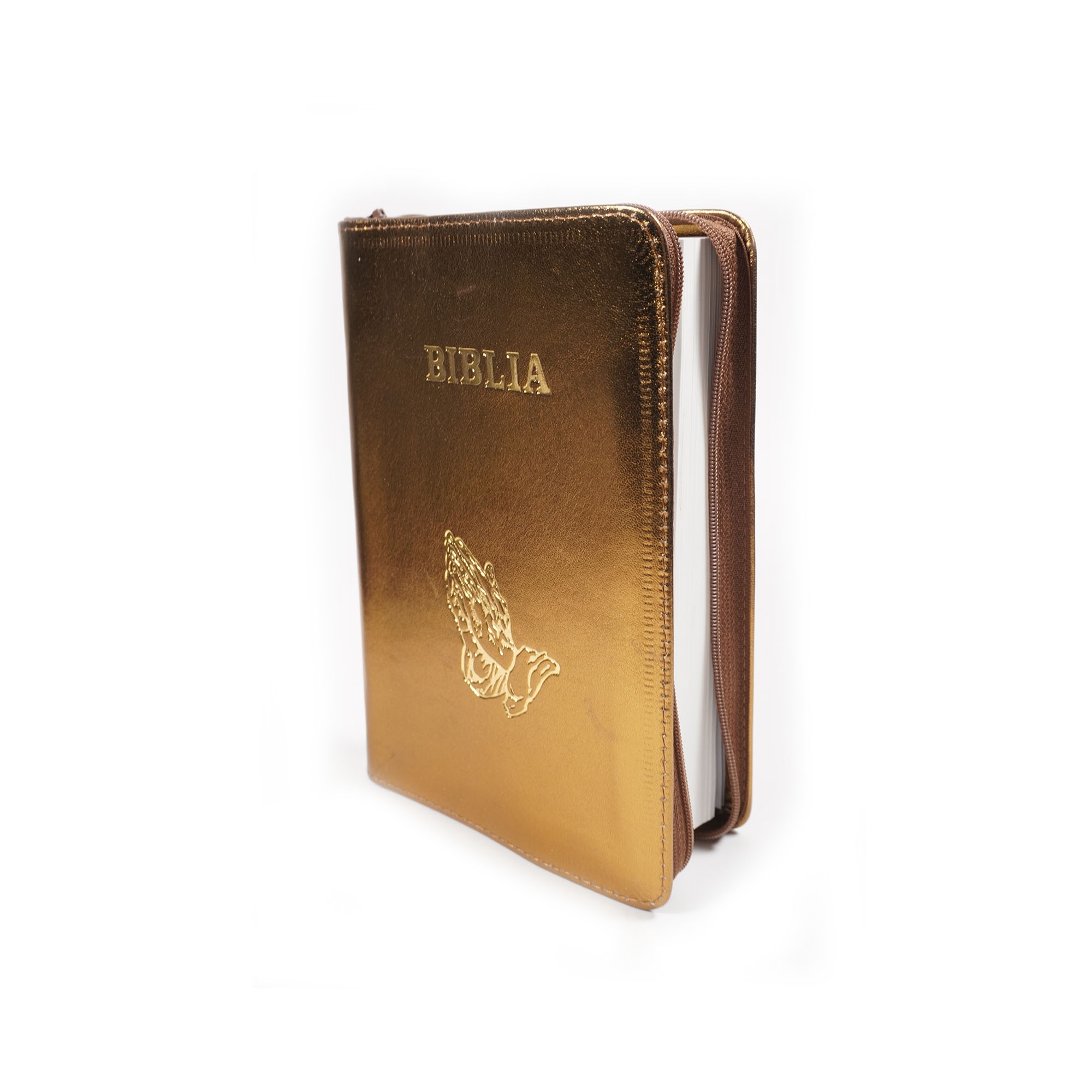Biblie din piele, marime medie, culoare, auriu, fermoar, margini albe, simbol maini in rugaciune, cuv. lui Isus cu rosu [053]