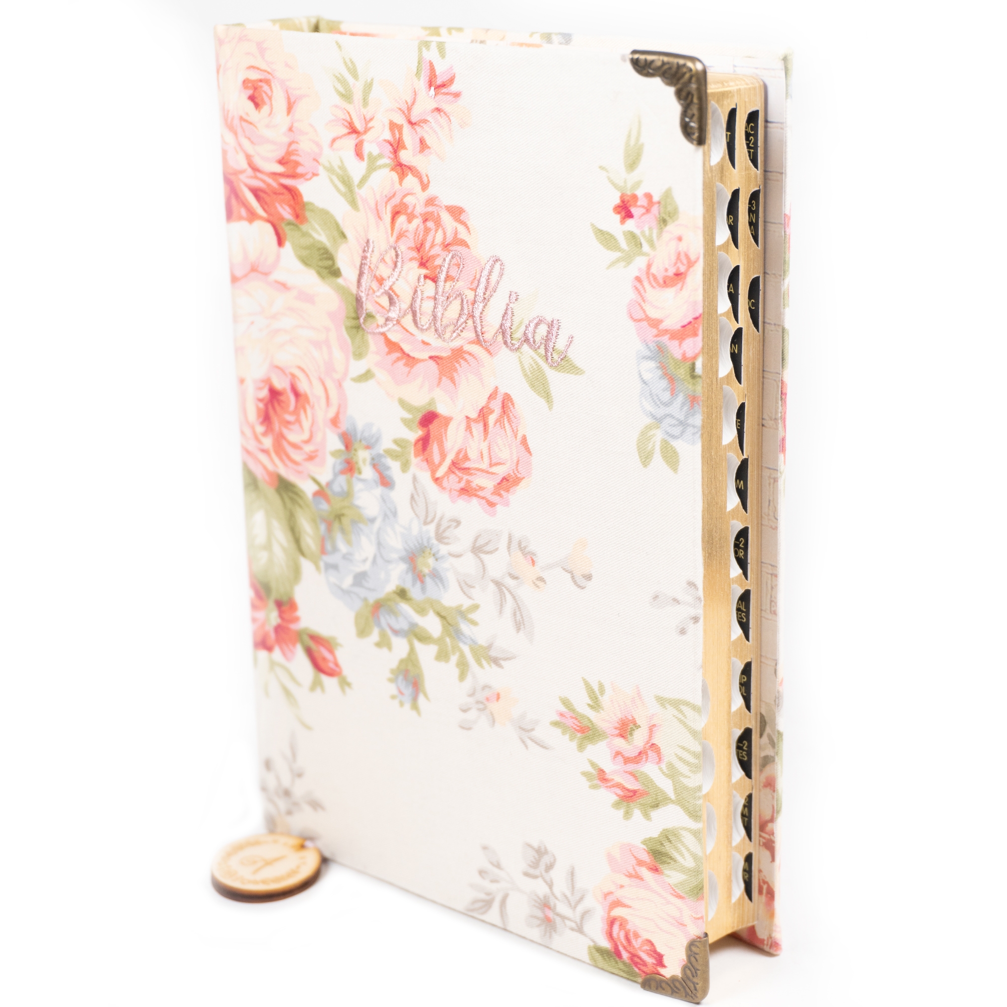 Biblia handmade, model 123, marime medie, coperta tare textila, margini aurii, index, cuv. lui Isus cu rosu [SI 057 HM]