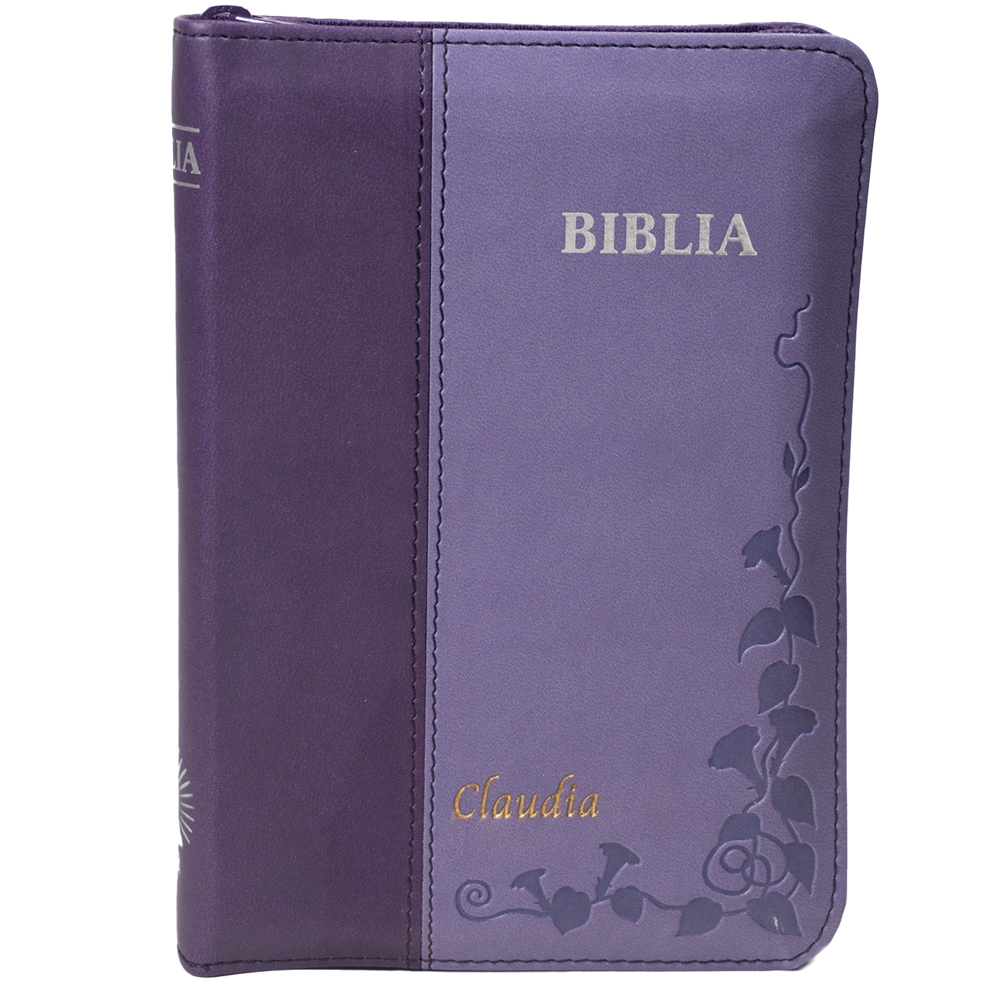 Biblie personalizată cu numele Claudia - Biblie mica, piele ecologica, nuante de mov, fermoar, index, margini argintate, cuv. lui Isus cu rosu [SI 046 ZTI]