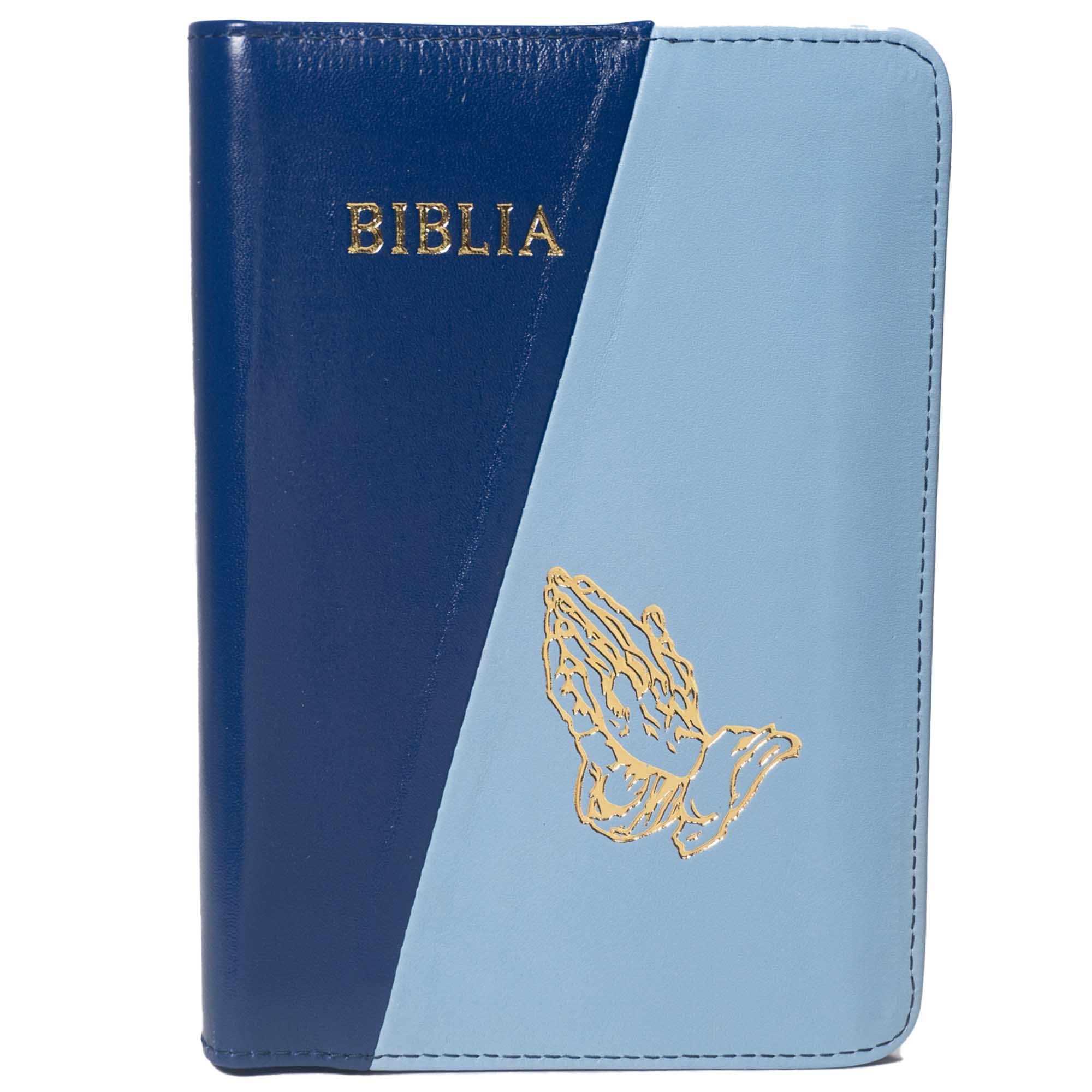 Biblie din piele, marime medie, culoare bleumarin cu albastru deschis, simbol maini in rugaciune, fermoar, index, margini aurii, cuv. lui Isus cu rosu [SB 057 PFI]