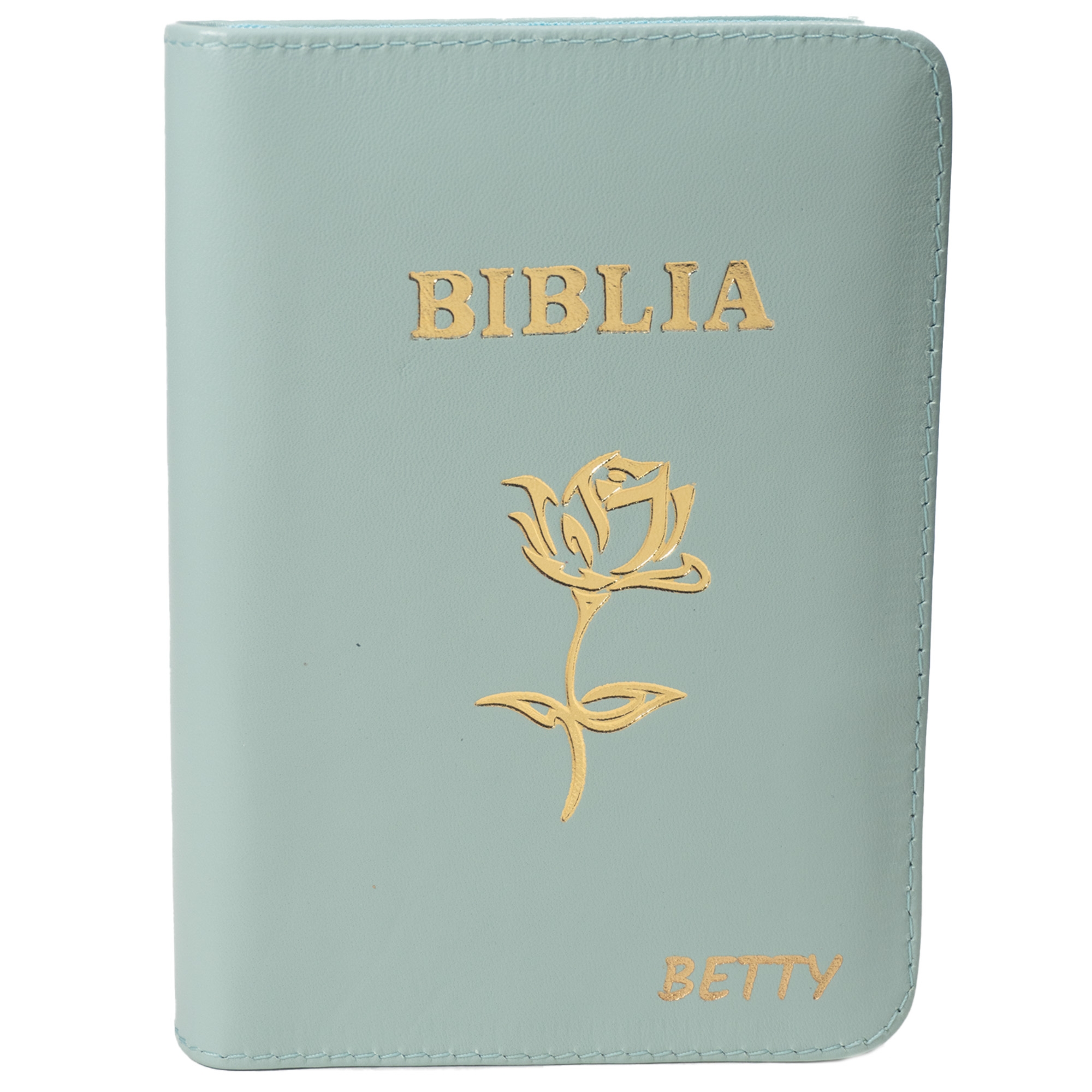 Biblie personalizată cu numele BETTY - Biblia mica, coperta piele, turcoaz, index, fermoar, margini aurii, simbol floral, cuv. lui Isus in rosu [047 PFI]