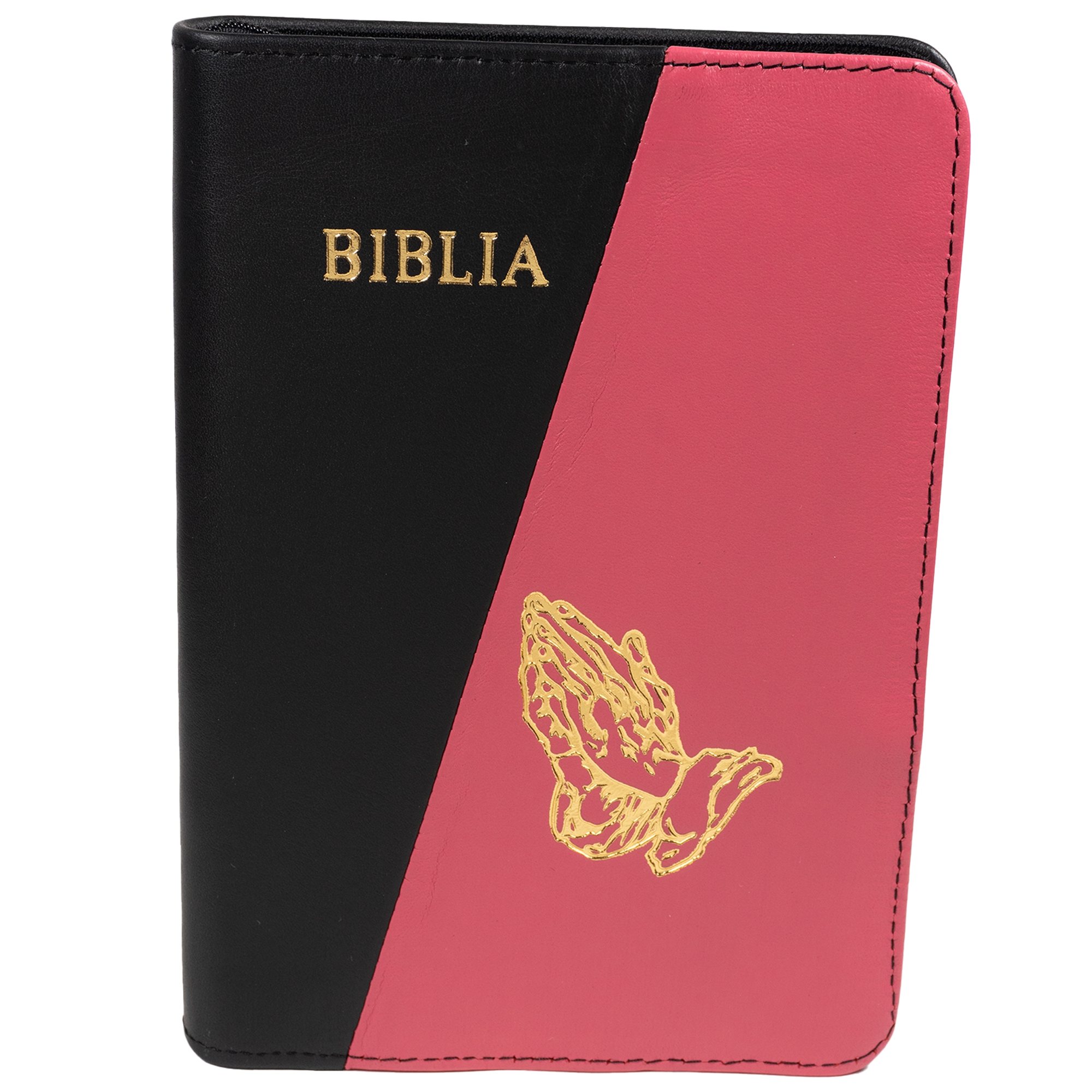 Biblie din piele, marime medie, culoare, negru cu roz, simbol maini in rugaciune, fermoar, index, margini aurii, cuv. lui Isus cu rosu [SB 057 PFI]