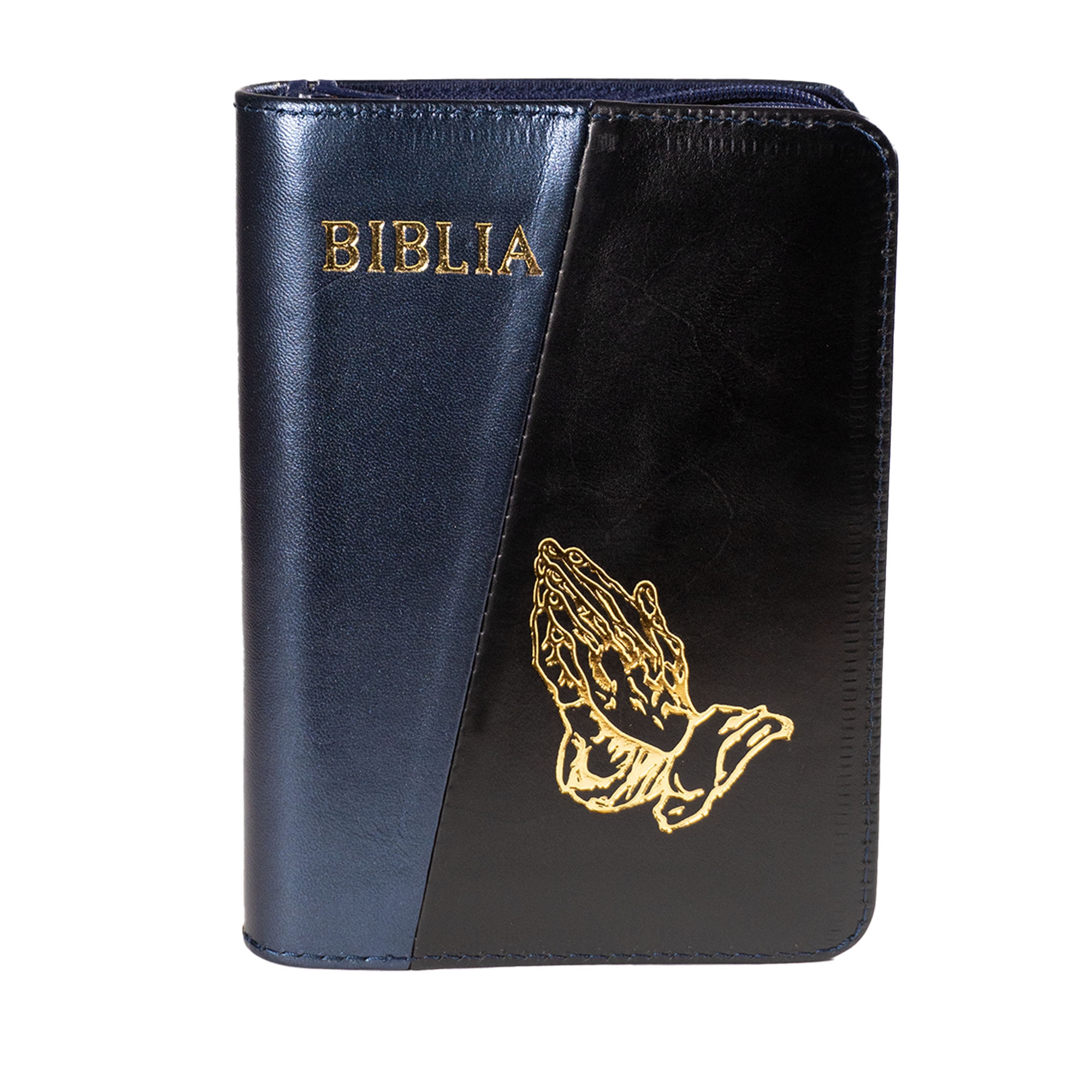 Biblia mica, coperta piele, culoare, albastru sidefat cu negru, index, fermoar, margini aurii,  simbolul maini, cuv. lui Isus in rosu [047 PFI]