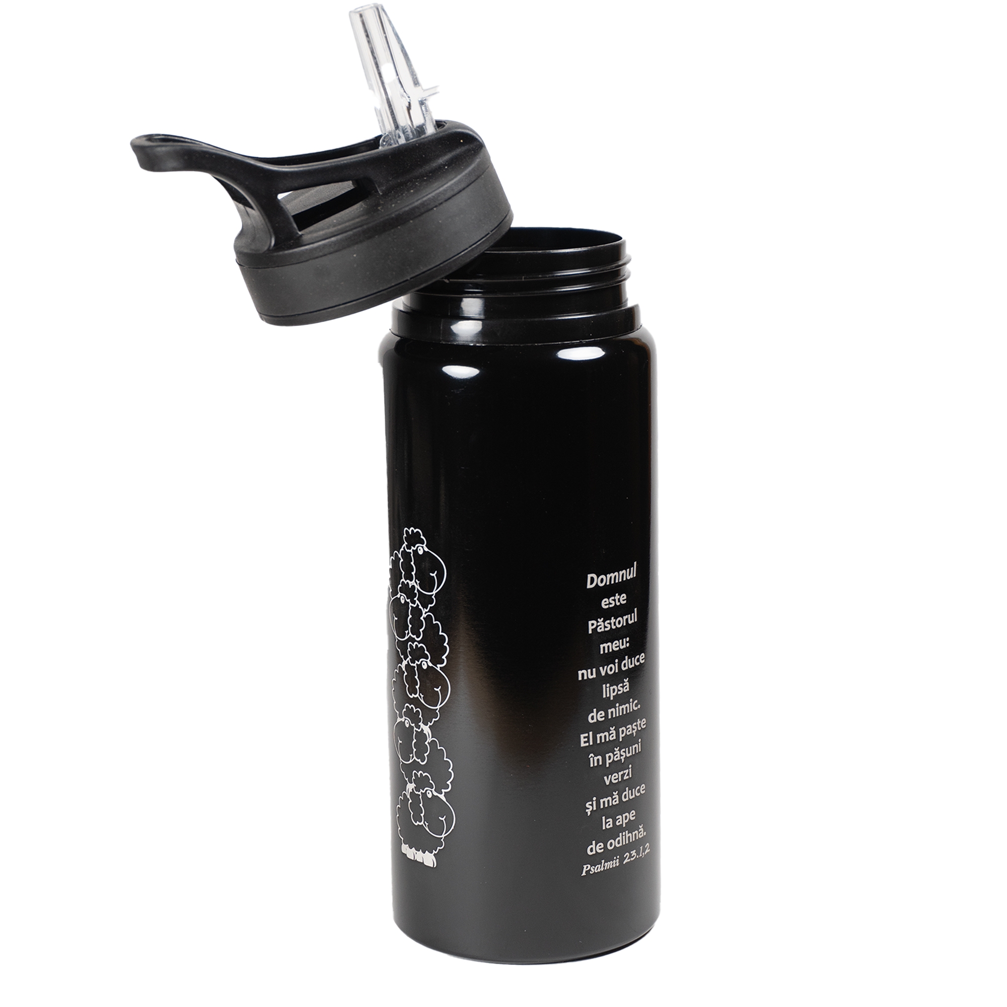 Bidon metalic pentru copii - "Domnul este Păstorul meu..." (negru) Bidon metalic pentru copii - "Domnul este Păstorul meu..." (negru)