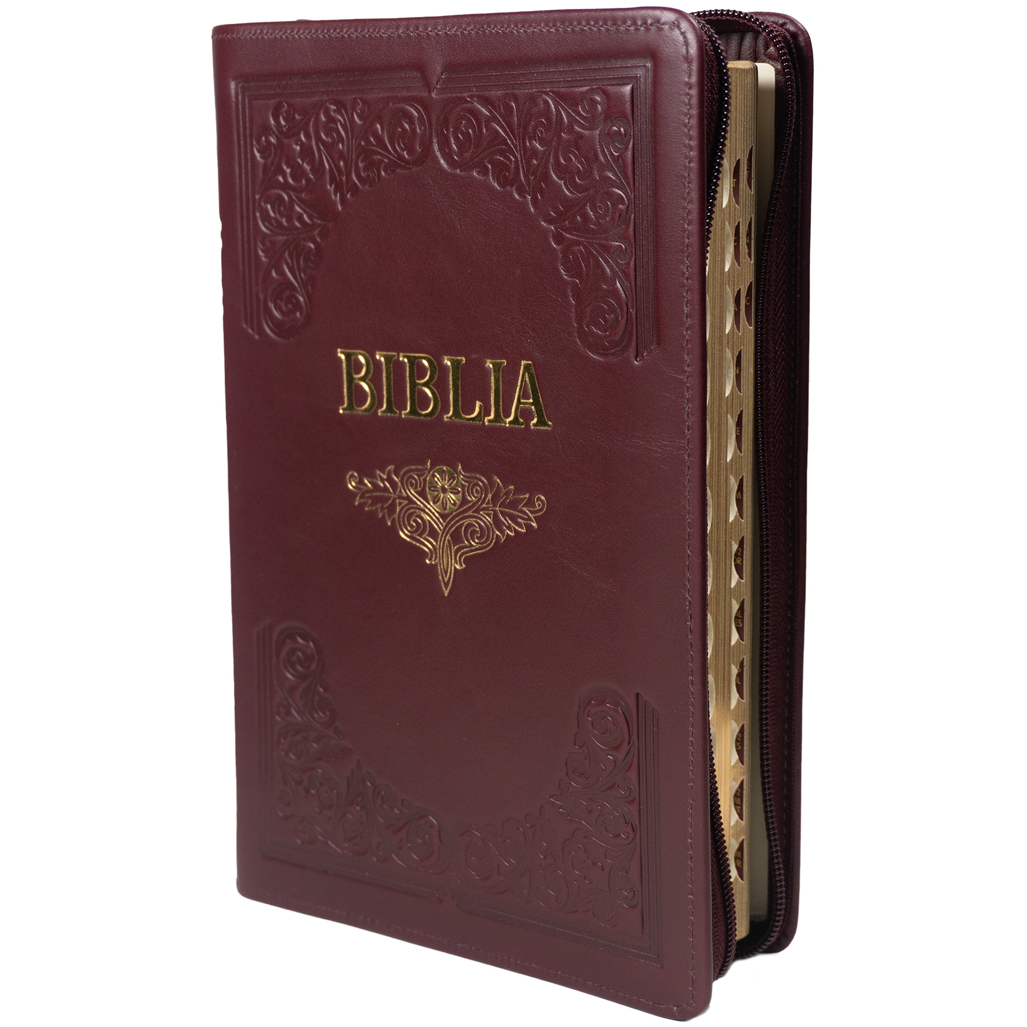 Biblie mare, piele, handmade, vișiniu, index, margini aurii,  cuv. Isus cu rosu [SI 076 HM]