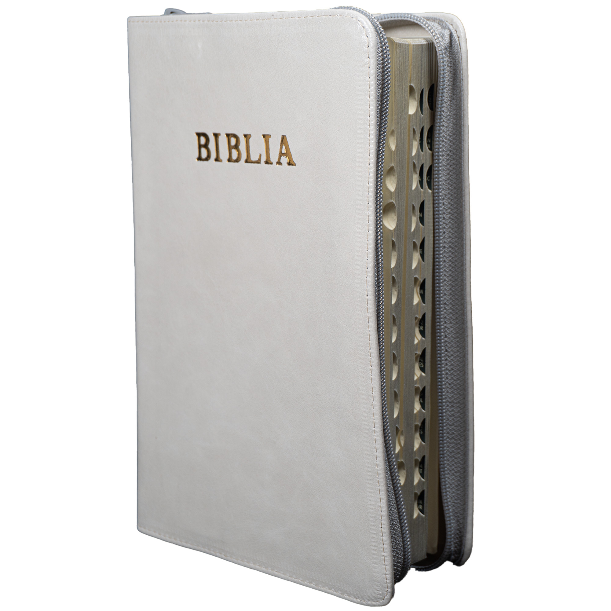 Biblie mare, piele, culoare alb murdar, fermoar, index, margini argintii, cuv. Isus cu rosu [SI 073 PFI]