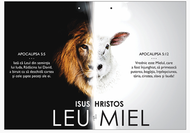 Poster cu verset A4 - "Iată că Leul din seminţia lui Iuda, Rădăcina lui David, a biruit ..." Ap 5:5  "Vrednic este Mielul, care a fost înjunghiat, să primească puterea..." Ap 5:12 [32]