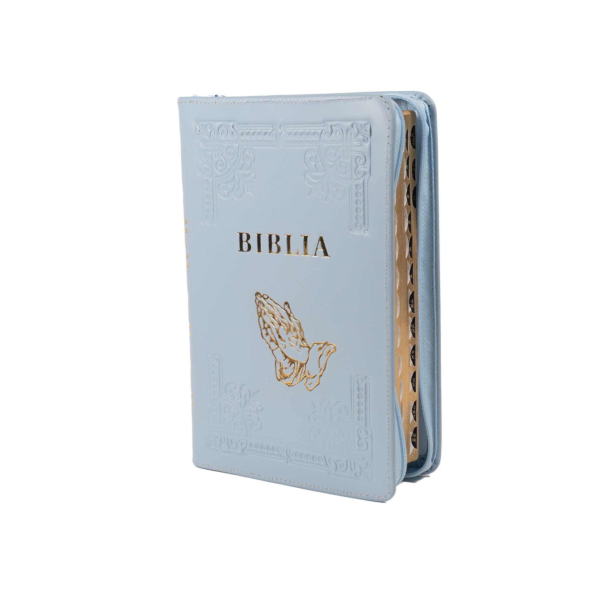 Biblia din piele, handmade, marime medie, culoare albastru deschis, fermoar, simbol maini in rugaciune, margini aurii cu index, cuv. lui Isus cu rosu [057 HM]