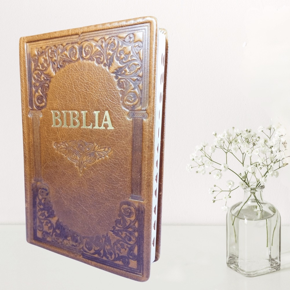 Biblie mare, piele, handmade, maro, index, margini aurii,  cuv. Isus cu rosu [SI 076 HM]