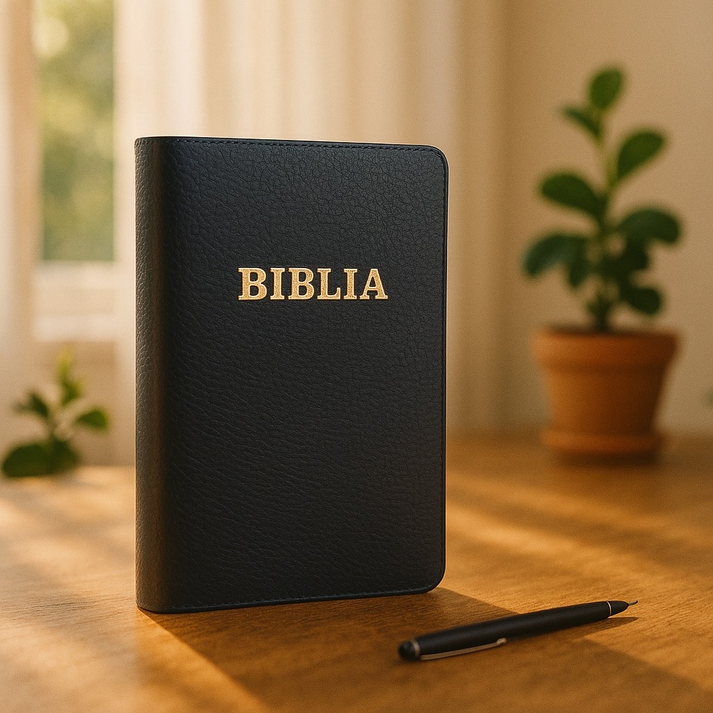 Biblie din piele, marime medie, negru bizonat, fermoar, index, margini aurii, cuv. lui Isus cu rosu [SB 057 PFI]