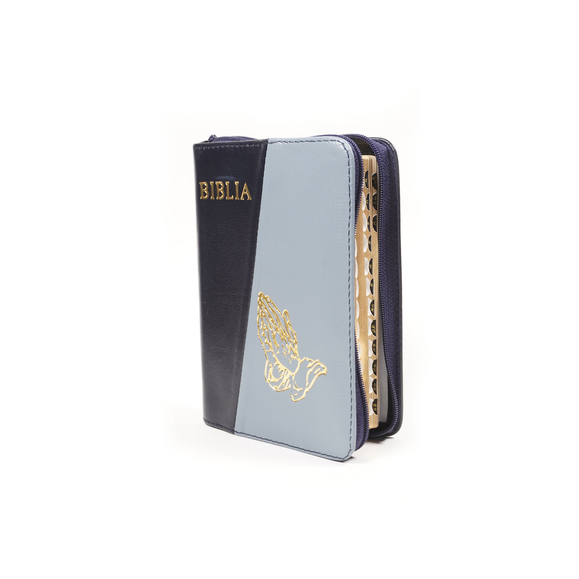 Biblia mica, coperta piele, culoare, bleumarin cu gri antracit, index, fermoar, margini aurii,  simbolul maini, cuv. lui Isus in rosu [047 PFI]