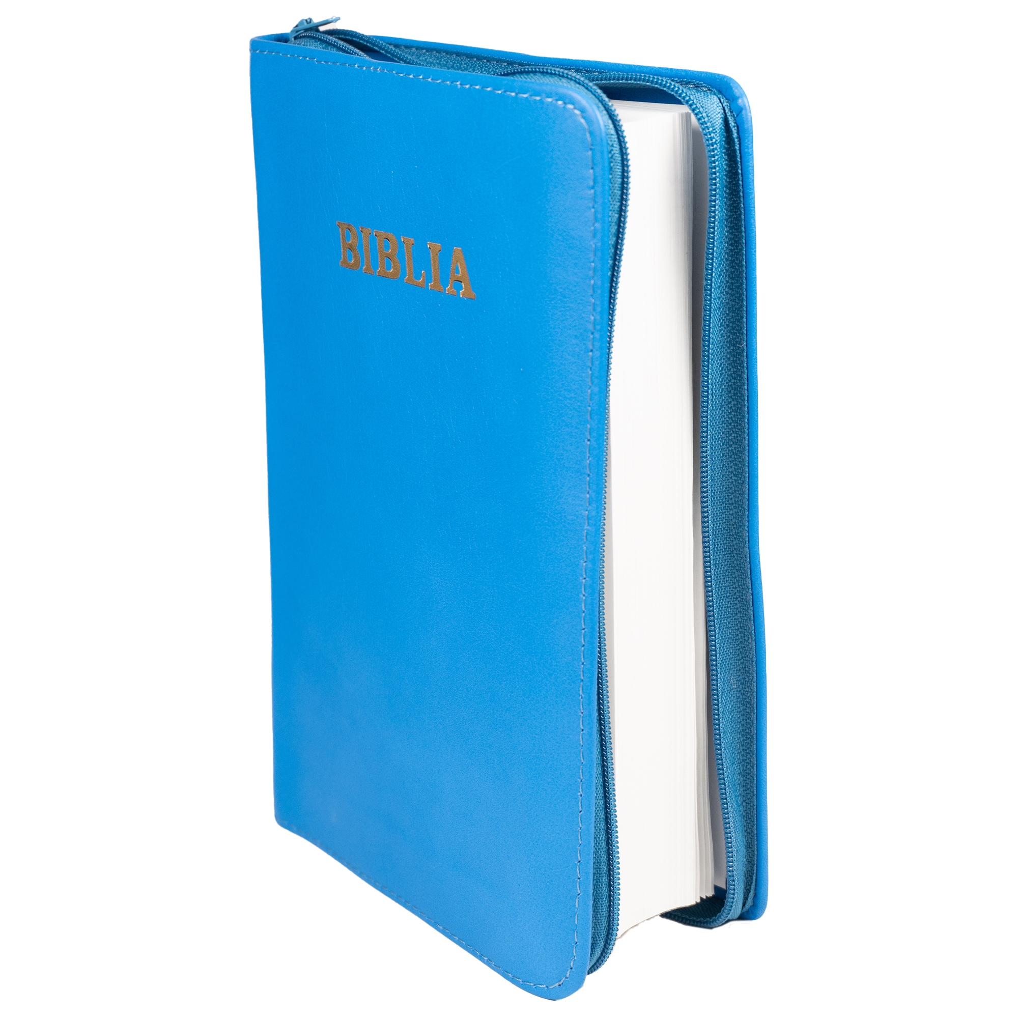 Biblie din piele, marime medie, culoare, albastru, fermoar, margini albe,  cuv. lui Isus cu rosu [053]