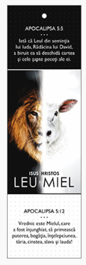 Semn de carte cu panglica neagra -Text și versete: Isus Hristos - Leu și Miel  "Iată că Leul din seminţia lui Iuda..." Apocalipsa 5:5 "Vrednic este Mielul, care a fost înjunghiat....'' Apocalipsa 5:12 [72]
