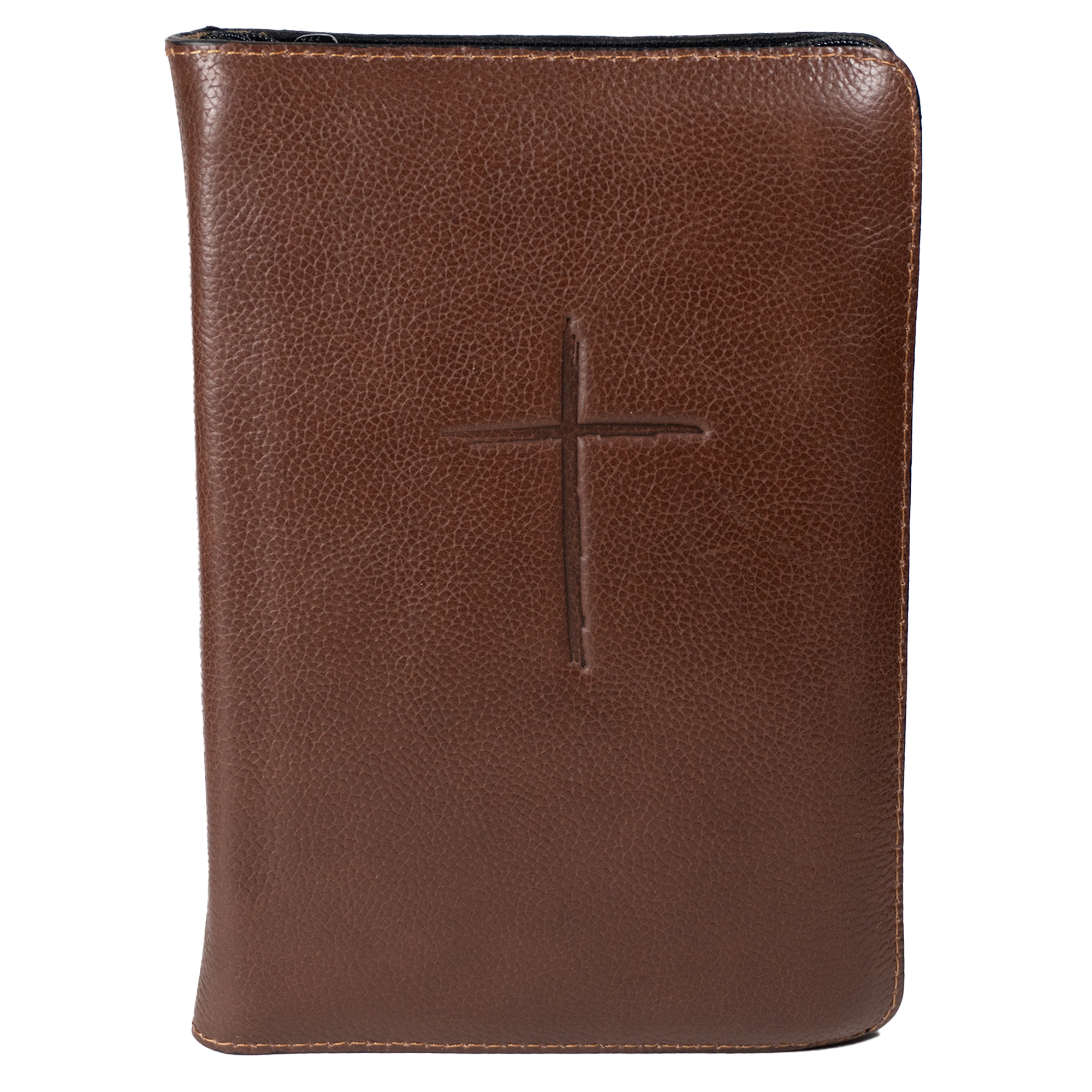 Biblie din piele handmade, marime medie, maro, simbol cruce, fermoar, index, margini aurii, cuv. lui Isus cu rosu [057]