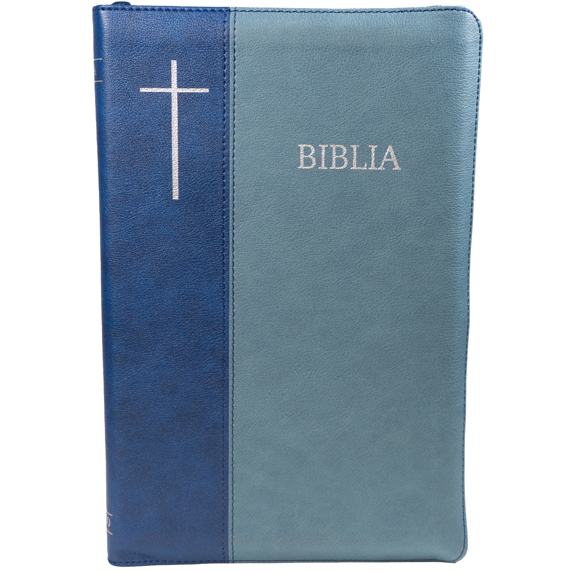Biblie mare, piele ecologica, albastră, fermoar, index, margini argintii, cu cruce,cuv. Isus cu rosu [SI 076 ZTI] - Ediție centenară