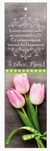 Semn de carte cu panglica mov deschis - Text: "Iubirea mamei mele se-aseamănă cu El,  Cu iubirea eternă venind din Dumnezeu!"  Te iubesc, Mama! [73]