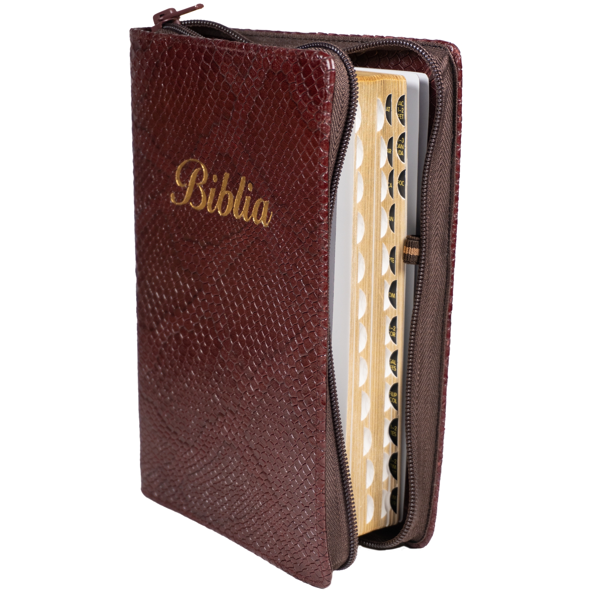 Biblia marime medie, bordo, piele, fermoar, margini aurii, index, cuv. lui Isus cu rosu [MAR 057 PFI]