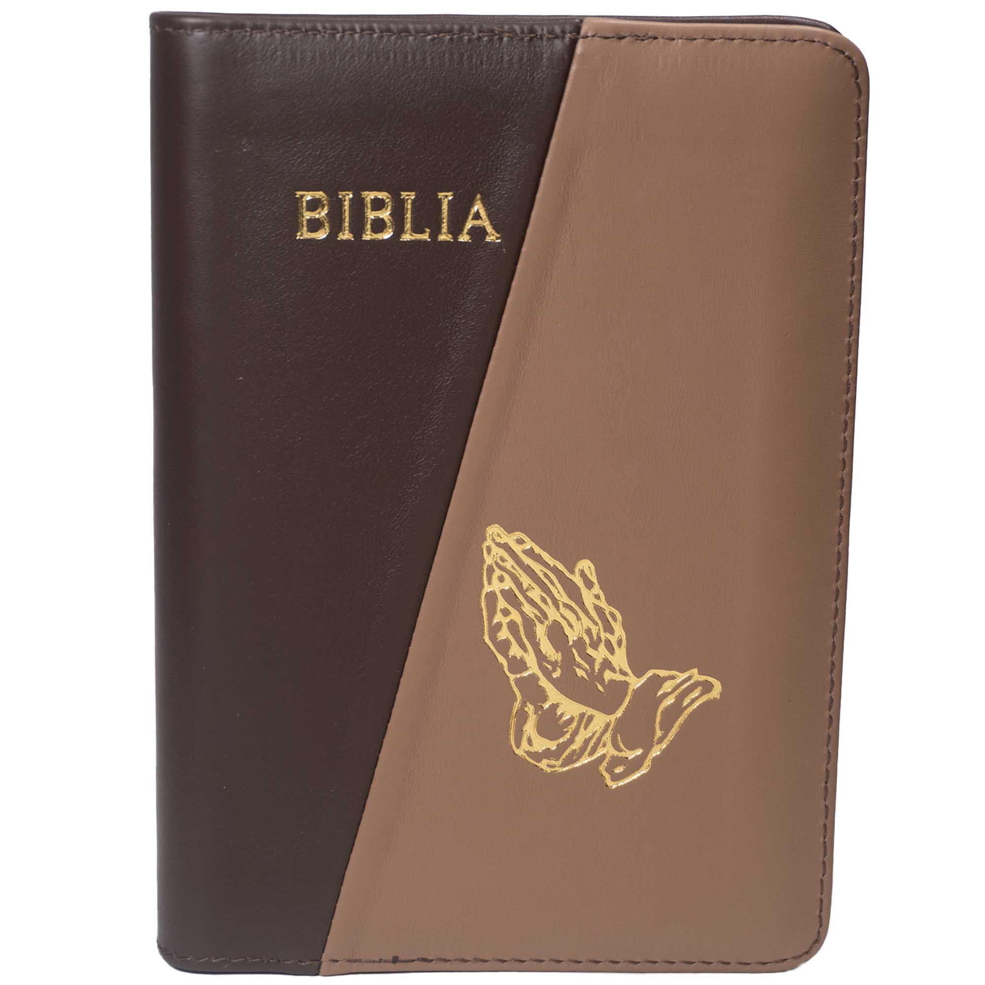Biblie din piele, marime medie, culoare maro închis cu maro, simbol maini in rugaciune, fermoar, index, margini aurii, cuv. lui Isus cu rosu [SB 057 PFI]